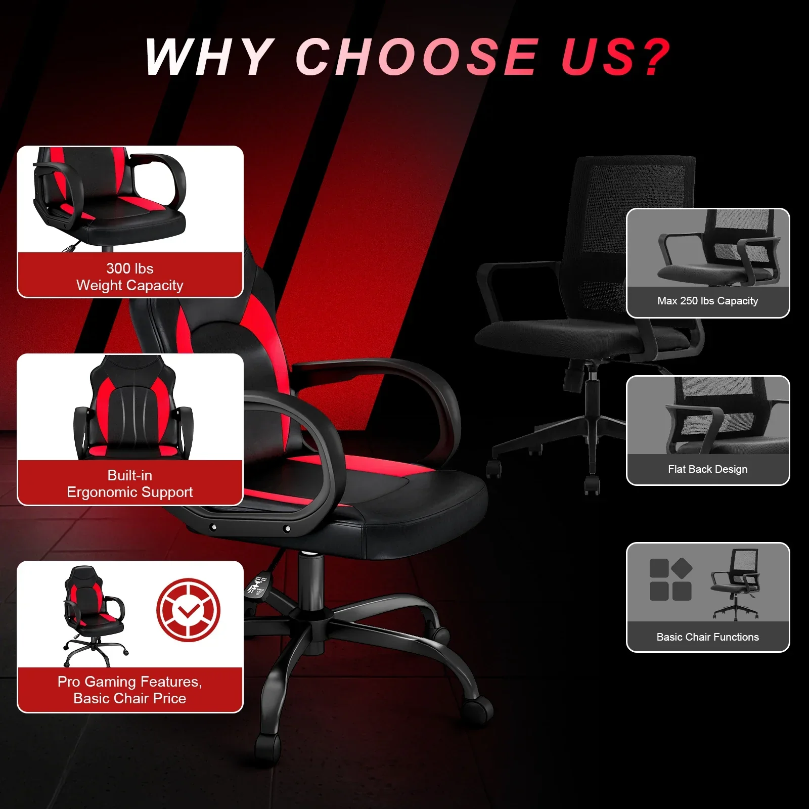 Ergonomic PU Leather Gaming Chair Swivel Adjustable Office Desk Chair Red - Image 5