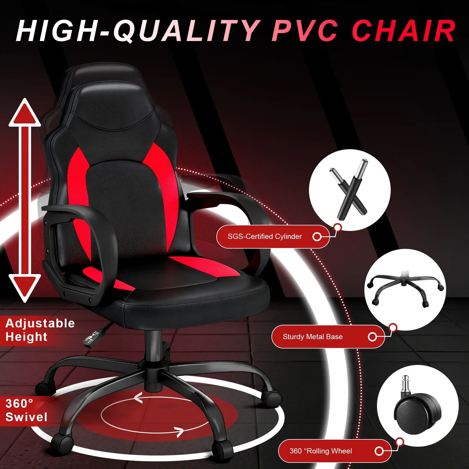 Ergonomic PU Leather Gaming Chair Swivel Adjustable Office Desk Chair Red - Image 6