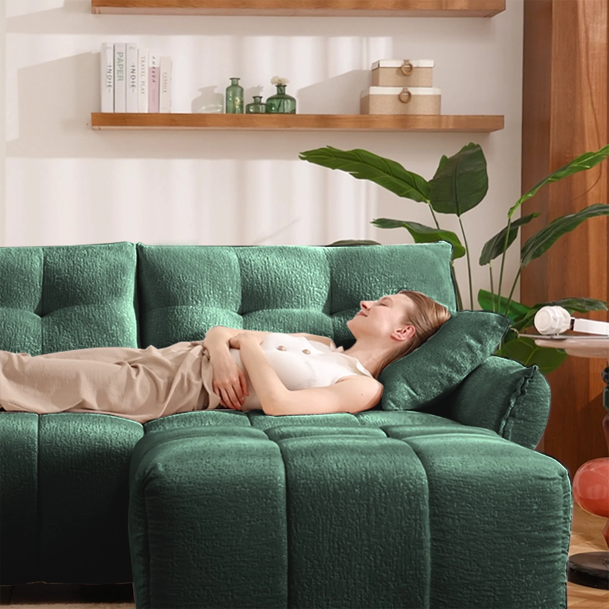 Ergonomic Single Seater Sofa with Ottoman in High-Green Chenille - Image 10