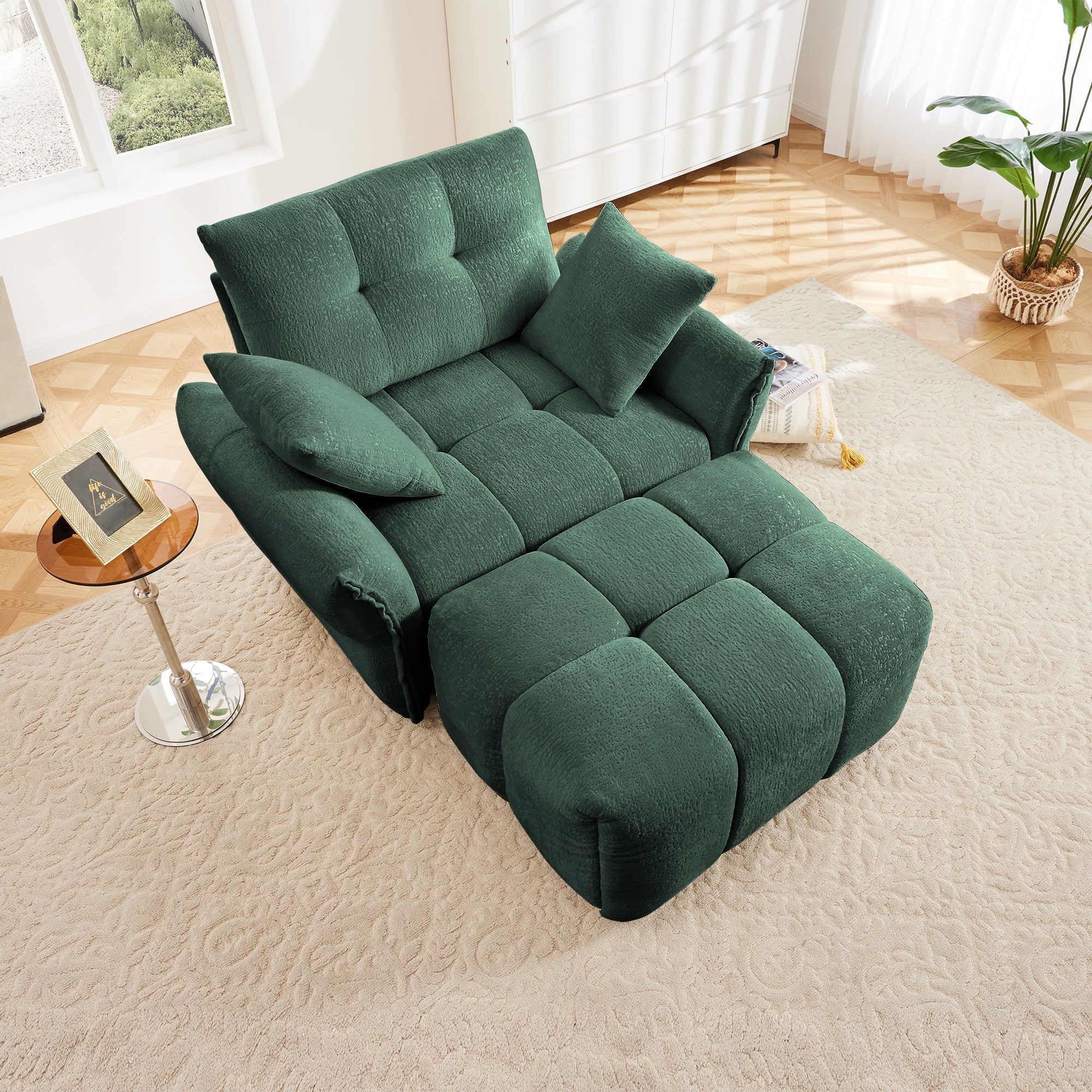 Ergonomic Single Seater Sofa with Ottoman in High-Green Chenille - Image 2