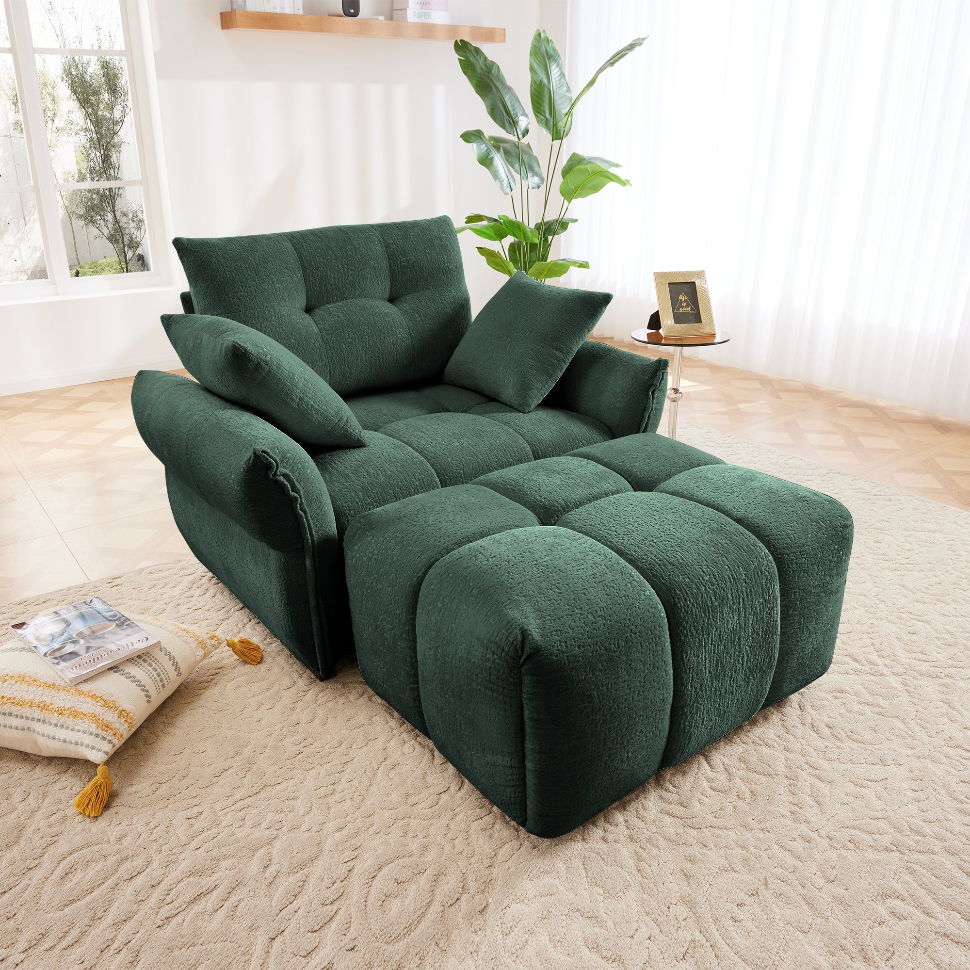 Ergonomic Single Seater Sofa with Ottoman in High-Green Chenille - Image 4