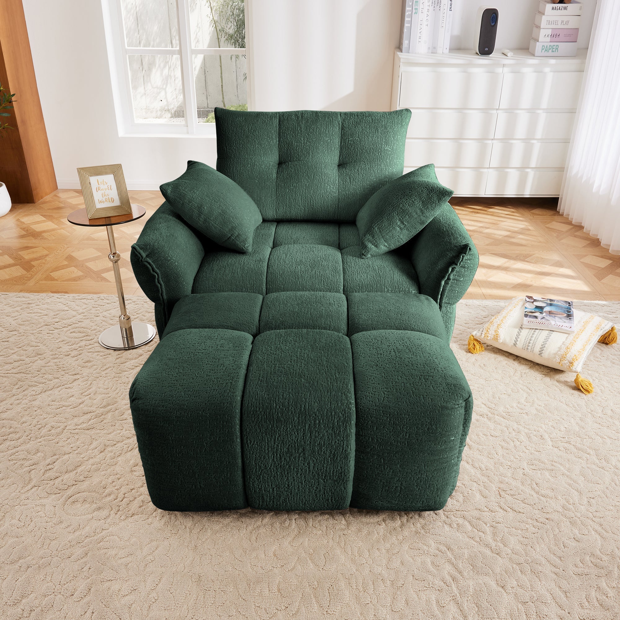 Ergonomic Single Seater Sofa with Ottoman in High-Green Chenille - Image 5
