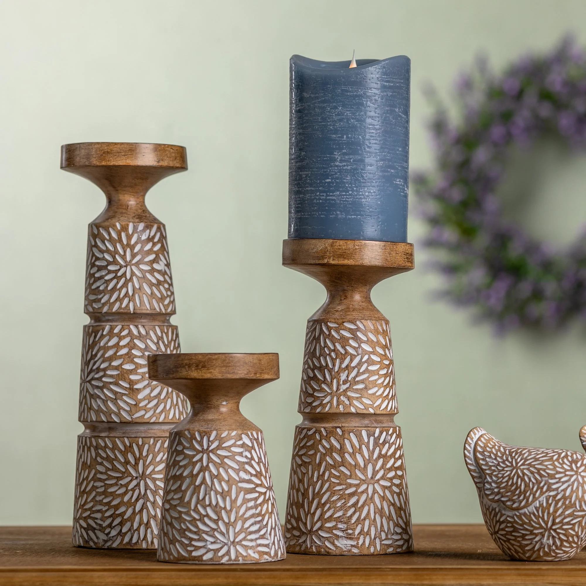 Etched Candle Holder with Wood Grain Design (Set of 3) - Image 2