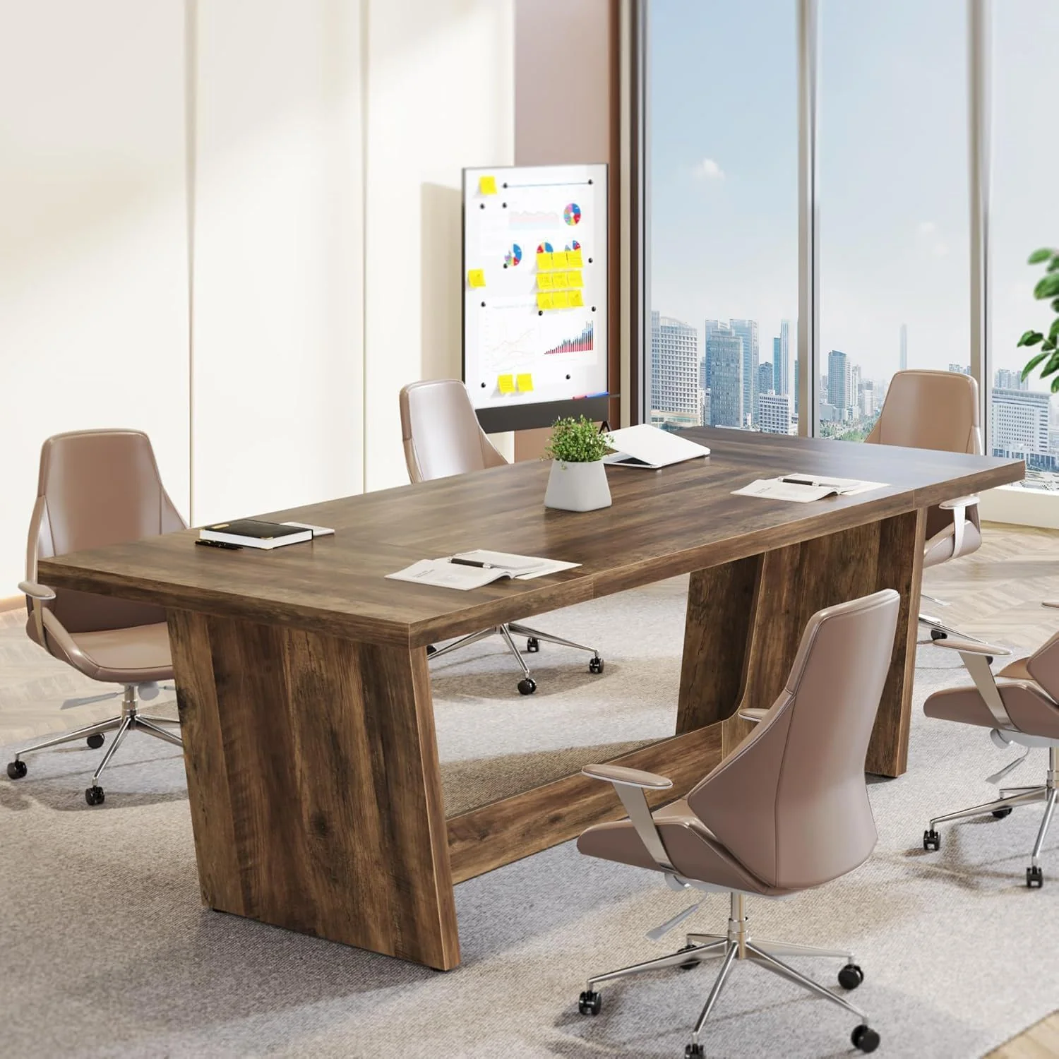 Executive Desk For Home Office, Computer Table With Pedestal, Large Writing Workstation - Brown - Image 2