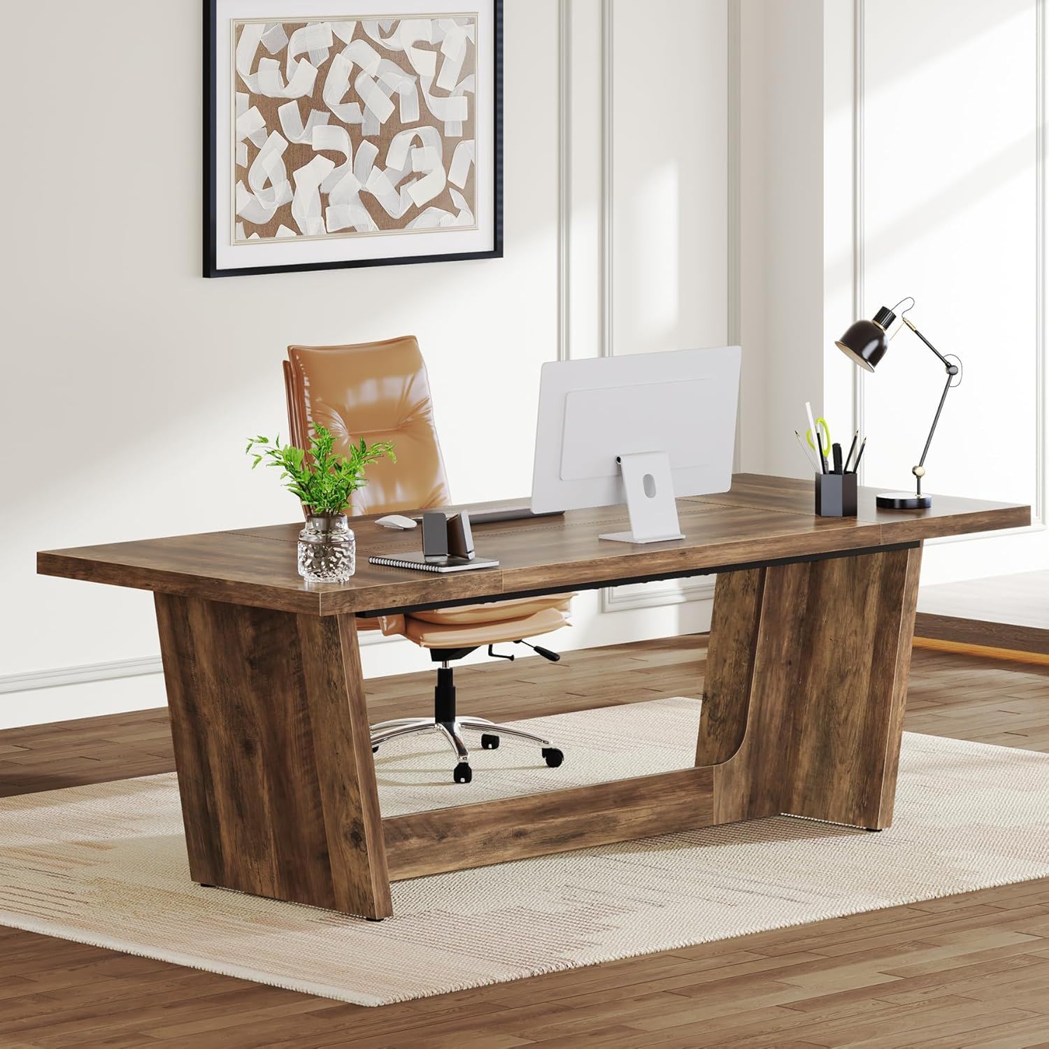 Executive Desk For Home Office, Computer Table With Pedestal, Large Writing Workstation - Brown - Image 3