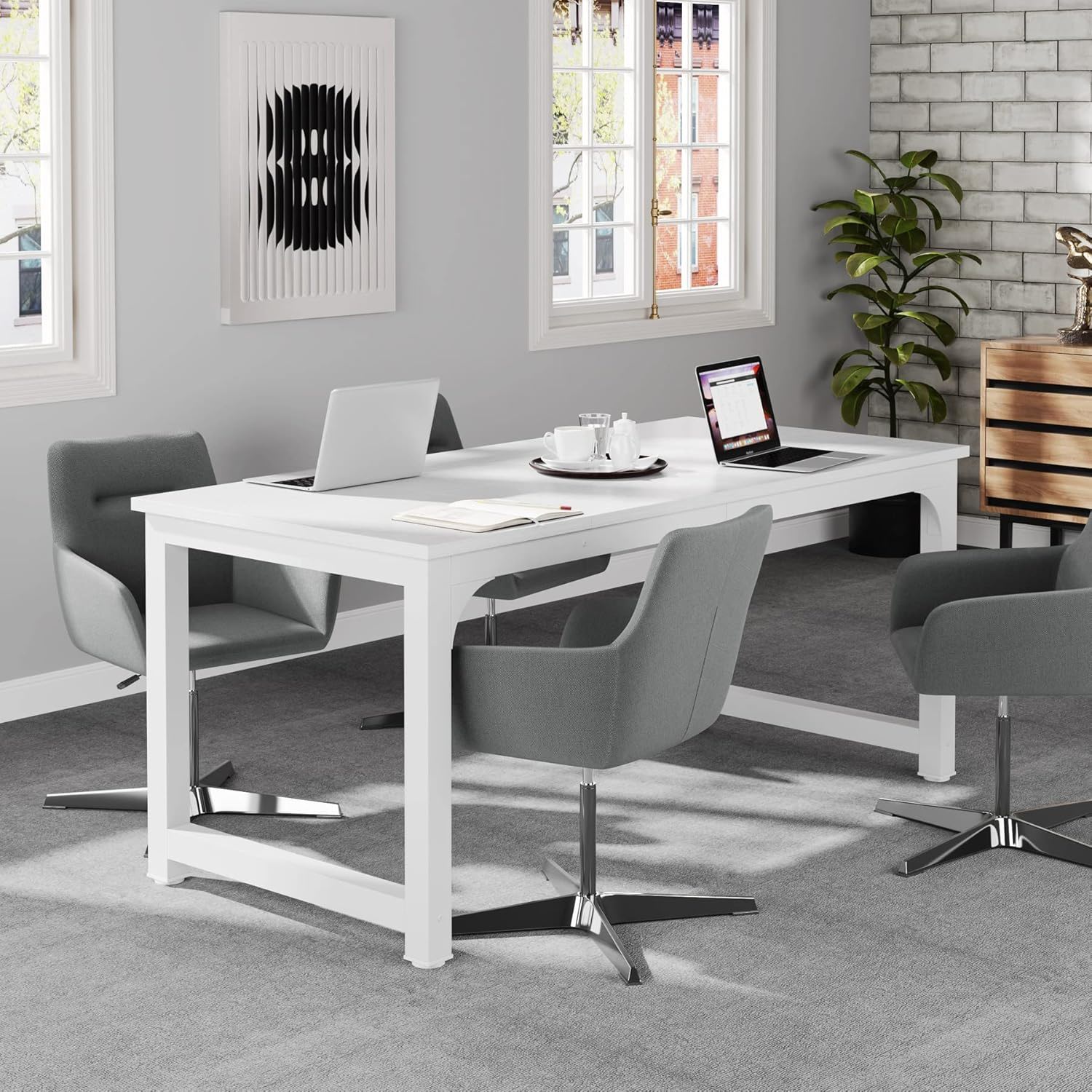 Executive Desk, Large Office Computer Workstation With Thick Frame - White - Image 3