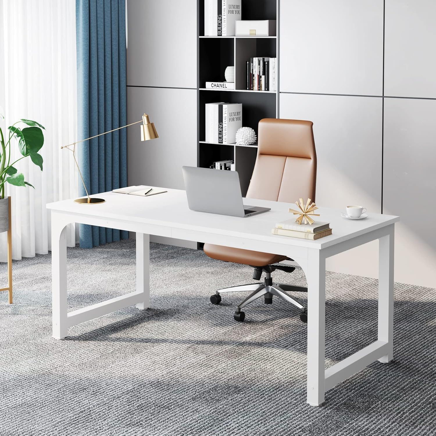 Executive Desk, Large Office Computer Workstation With Thick Frame - White - Image 4