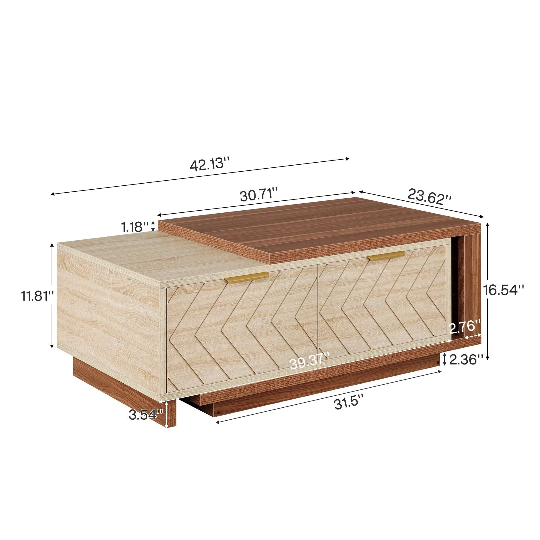 Extendable Coffee Table With 2 Storage Drawers, Dual Tone With Sliding Top, Hidden Storage - Walnut - Image 2