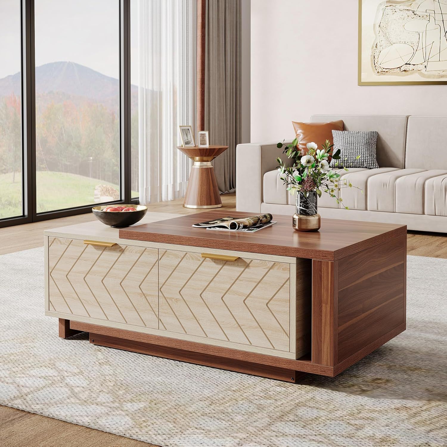 Extendable Coffee Table With 2 Storage Drawers, Dual Tone With Sliding Top, Hidden Storage - Walnut - Image 4
