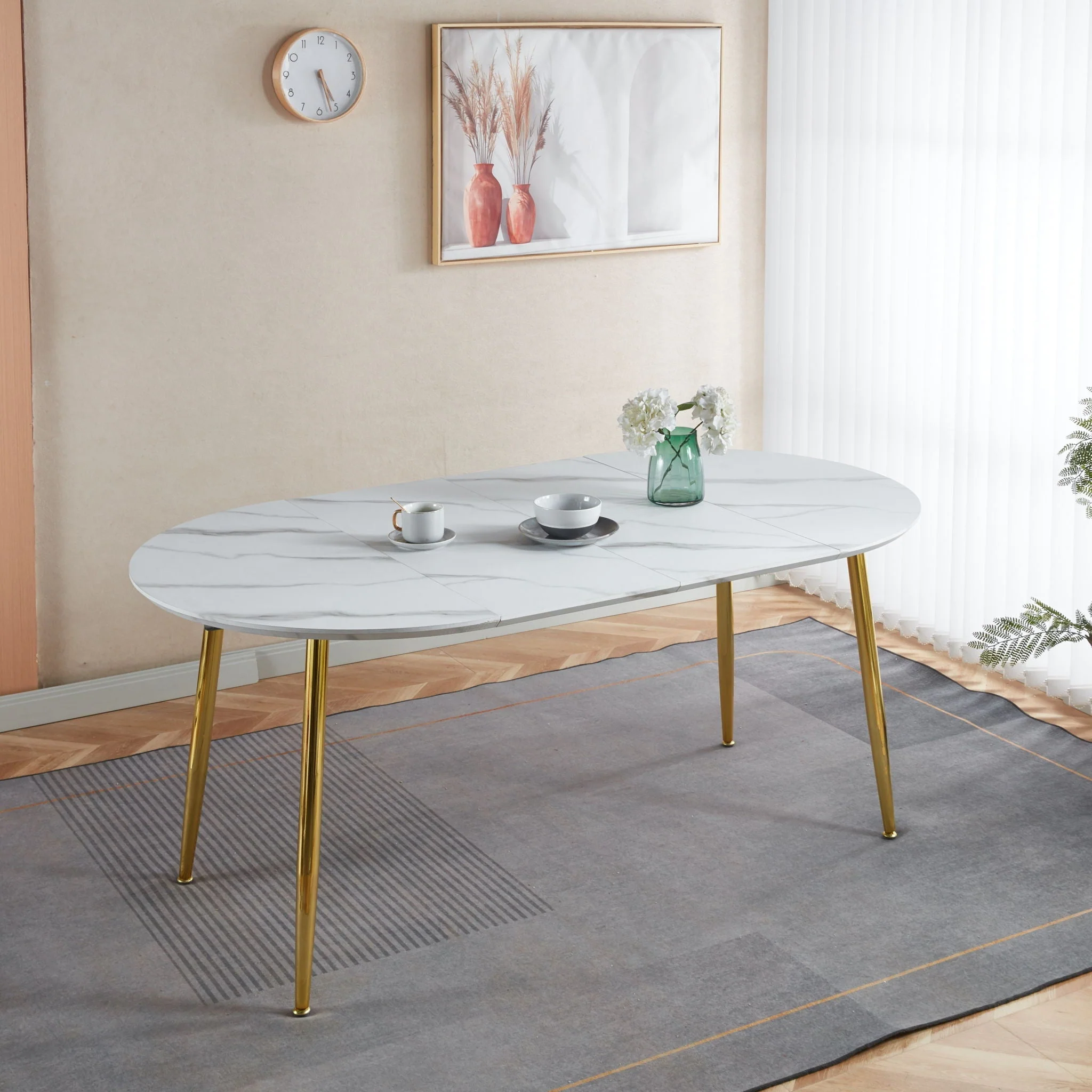 Extendable Oval Dining Table - White Marble - Image 3