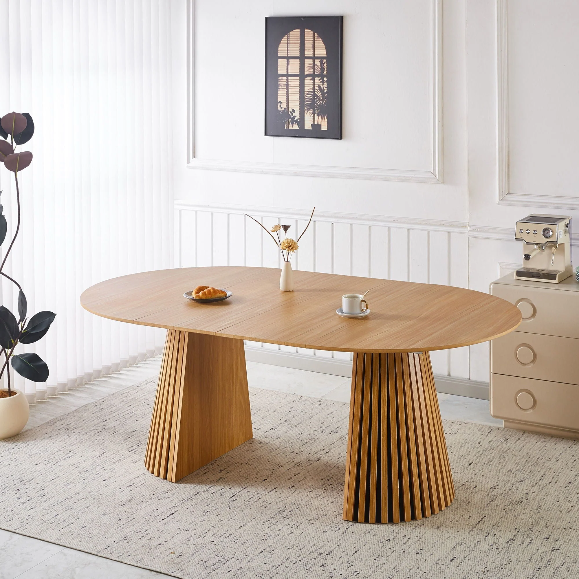 Extendable Pedestal Multifunctional Dining Table - Oak - Image 3