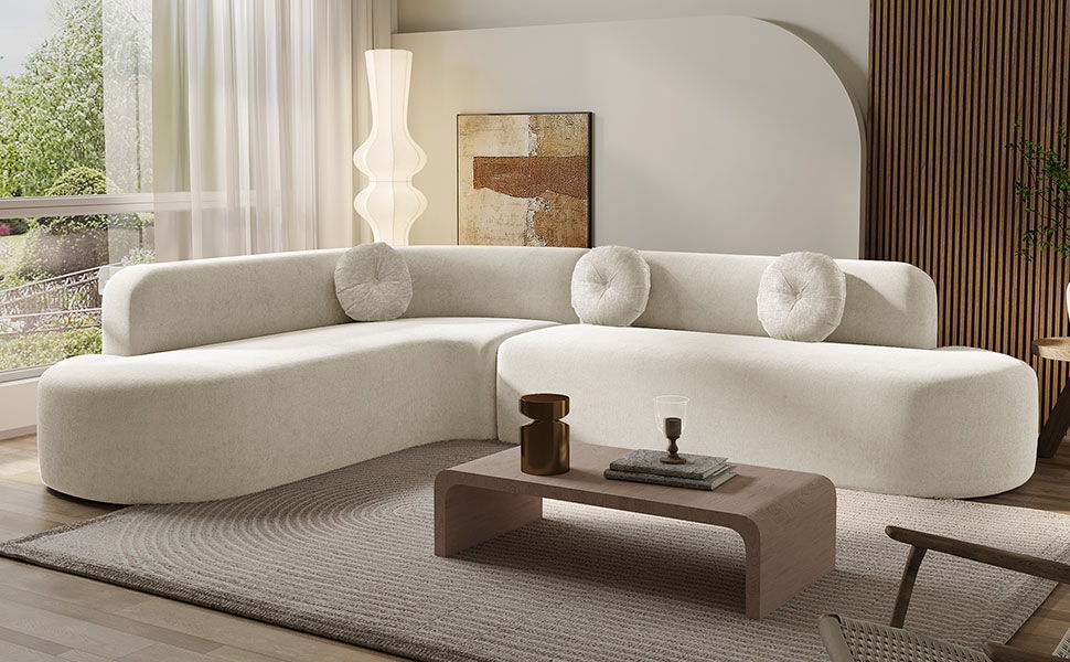 Extra Large Sectional Sofa Soft Fabric Upholstery, Elegant Curved Design With 3 Round Cushions, High - Resilience Foam For Ultimate Comfort - Beige - Image 2