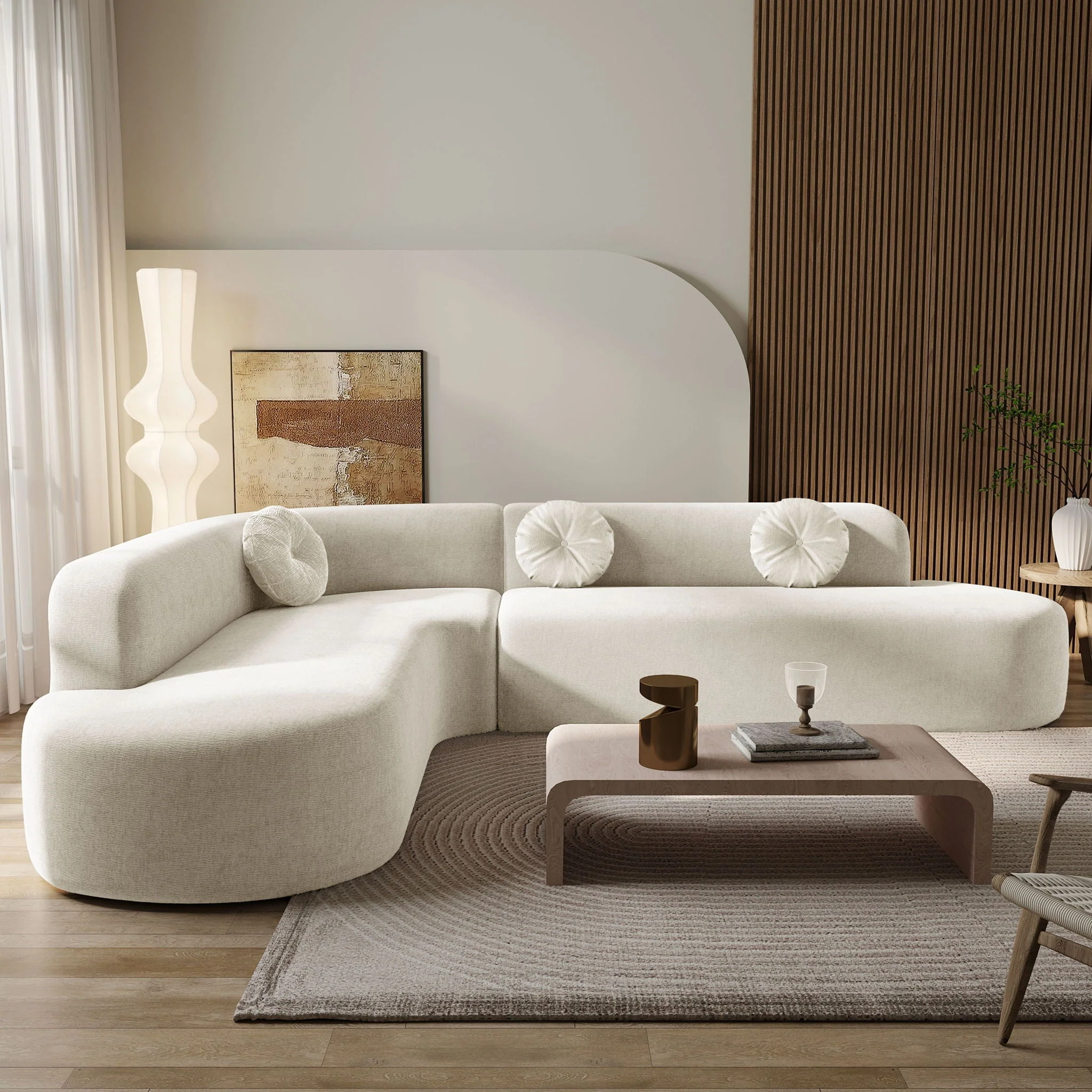 Extra Large Sectional Sofa Soft Fabric Upholstery, Elegant Curved Design With 3 Round Cushions, High - Resilience Foam For Ultimate Comfort - Beige - Image 3