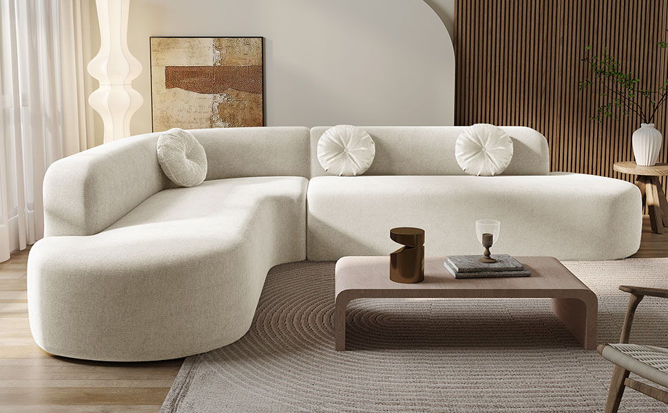 Extra Large Sectional Sofa Soft Fabric Upholstery, Elegant Curved Design With 3 Round Cushions, High - Resilience Foam For Ultimate Comfort - Beige - Image 4