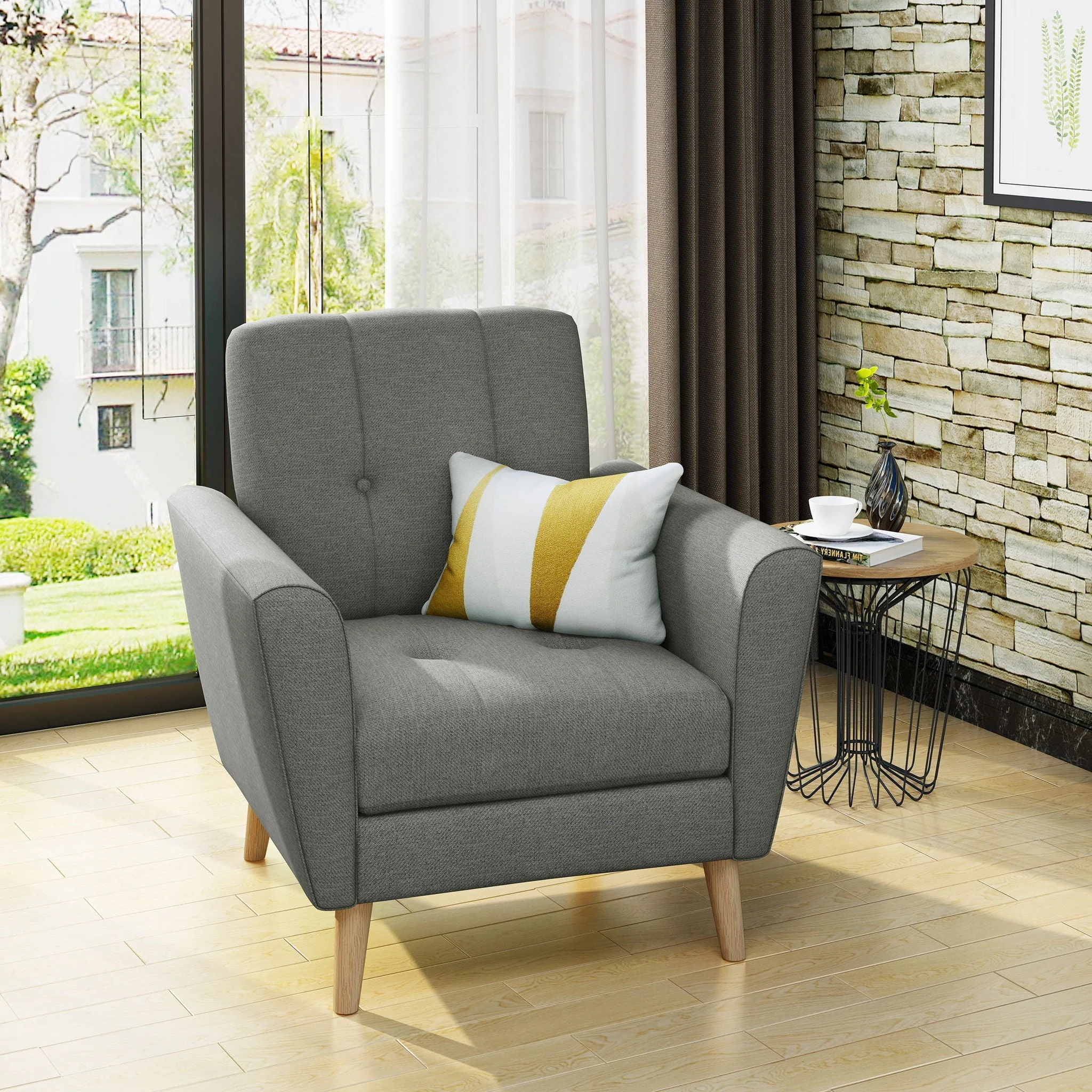 Fabric Channel Stitch Club Chair With Tufted Back - Gray - Image 4