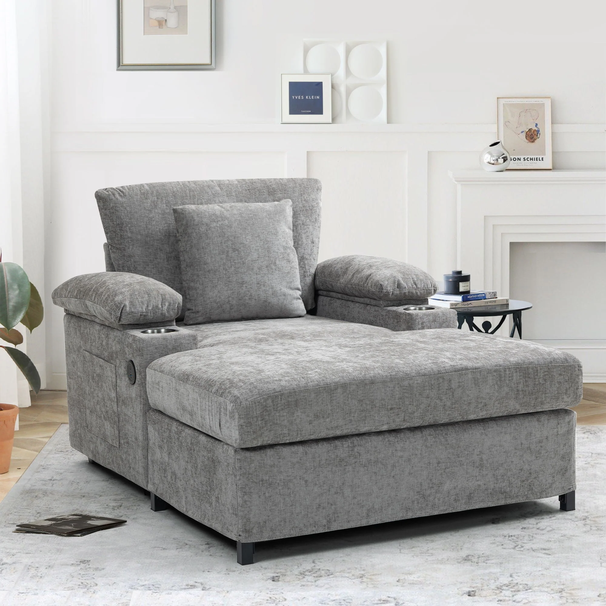 Fabric Sofa Bed With Cupholders And USB Charging Ports Chair For Living Room - Image 11
