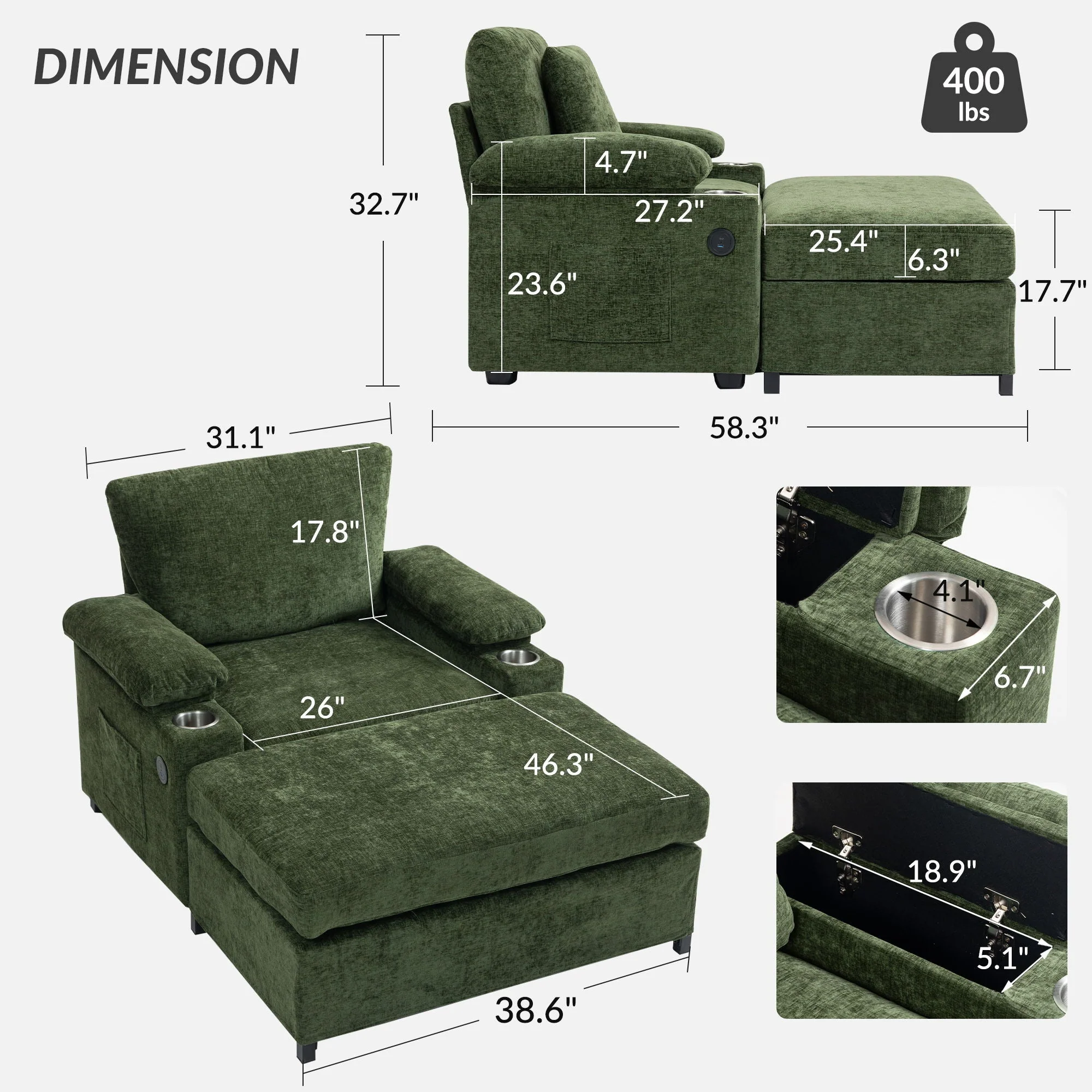 Fabric Sofa Bed With Cupholders And USB Charging Ports Chair For Living Room - Image 4