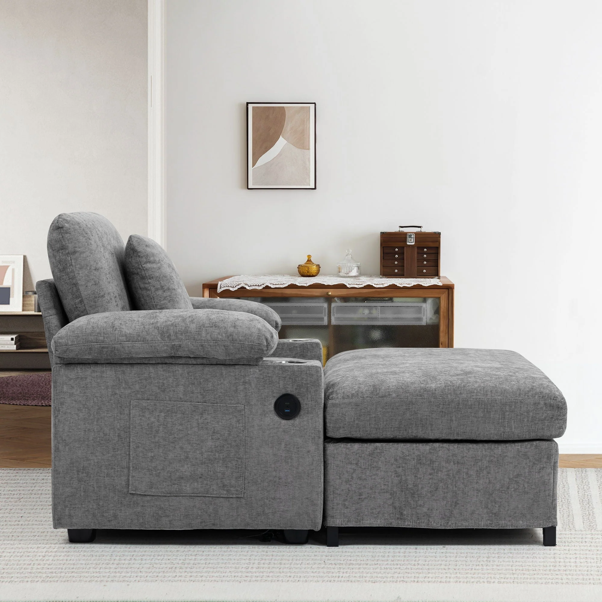 Fabric Sofa Bed With Cupholders And USB Charging Ports Chair For Living Room - Image 5