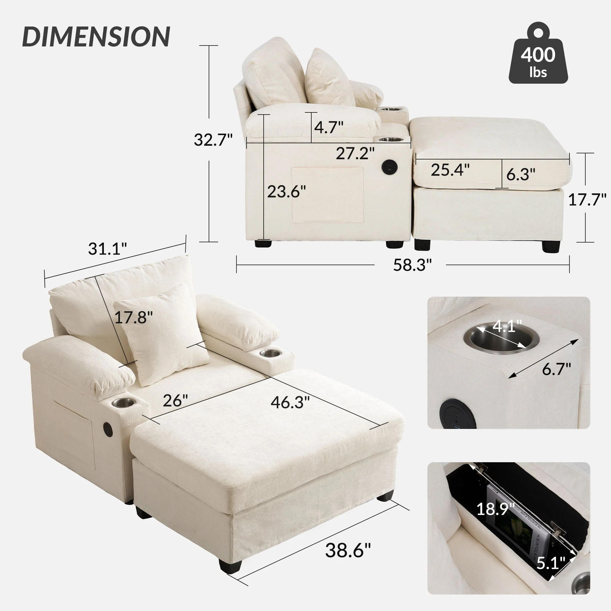 Fabric Sofa Bed With Cupholders And USB Charging Ports Chair For Living Room - Image 6