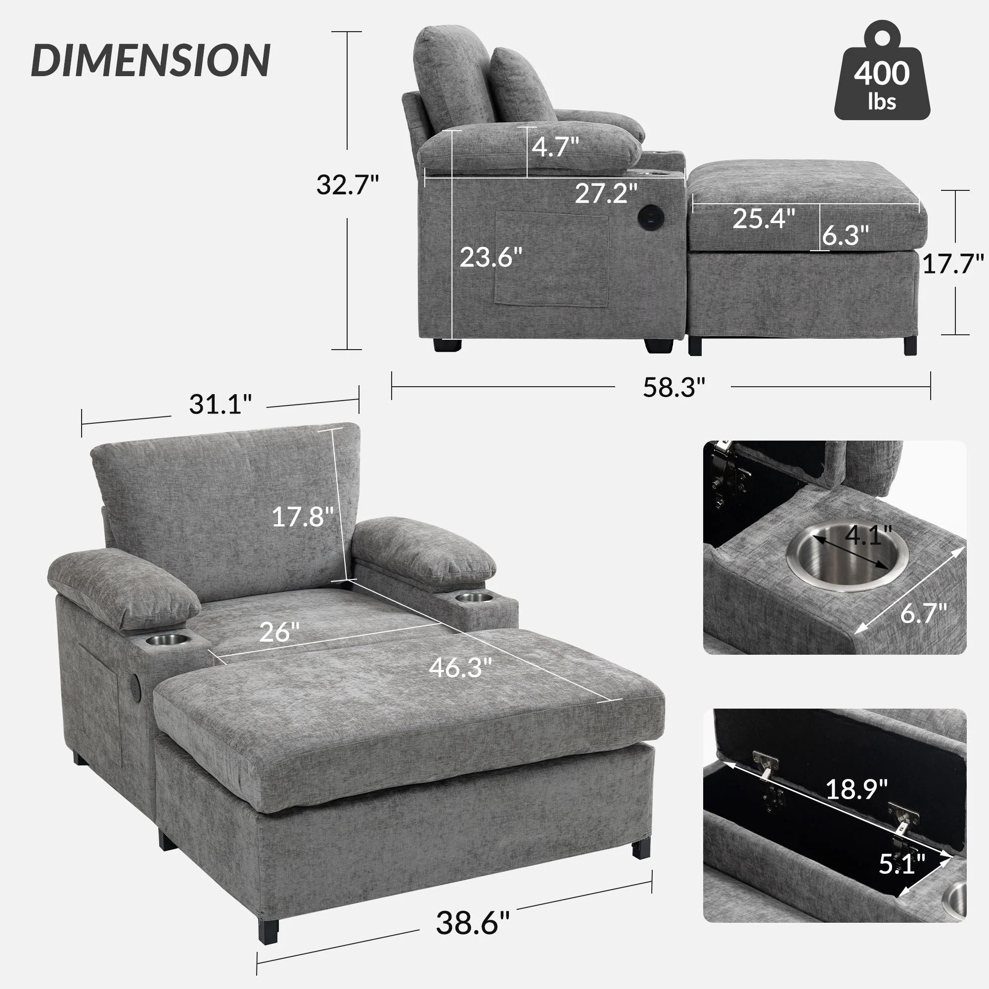 Fabric Sofa Bed With Cupholders And USB Charging Ports Chair For Living Room - Image 9
