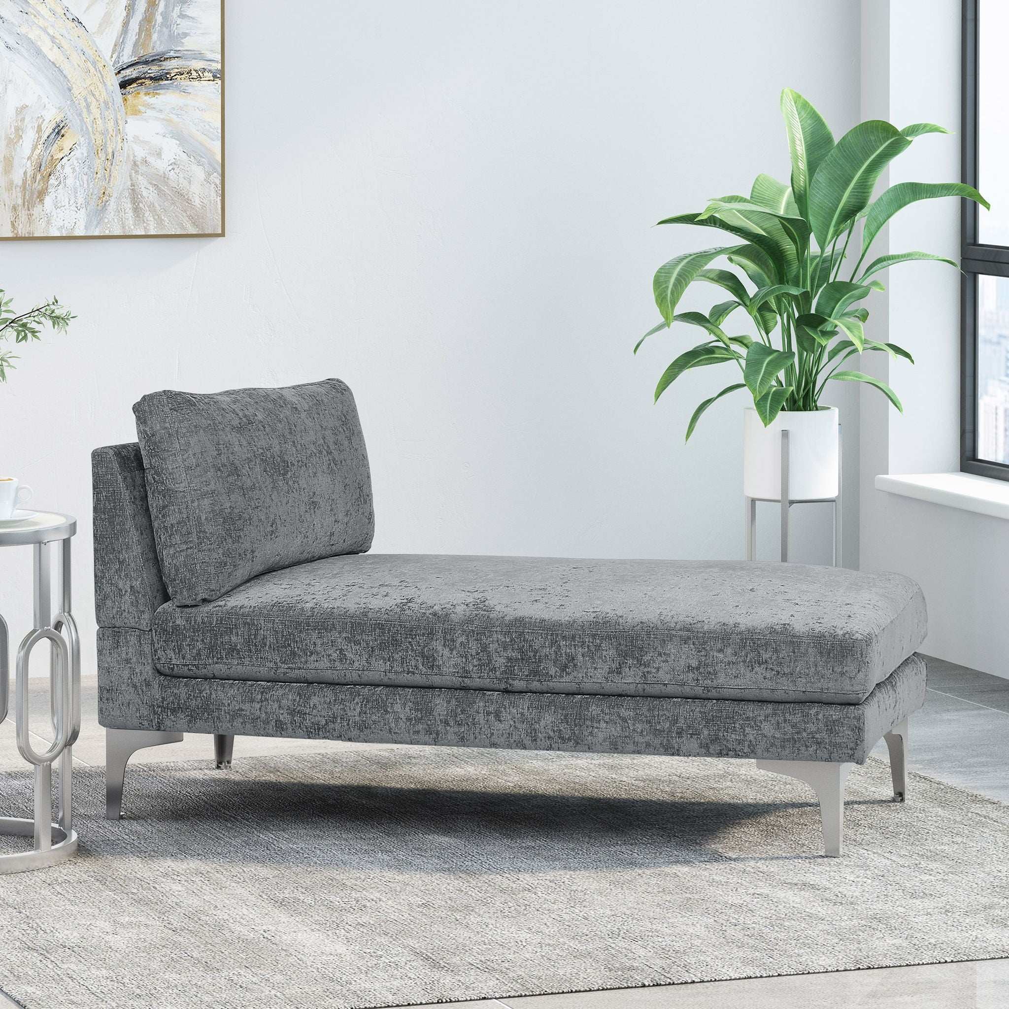 Fabric Upholstered Chaise Lounge With Iron Bracket Legs - Image 3