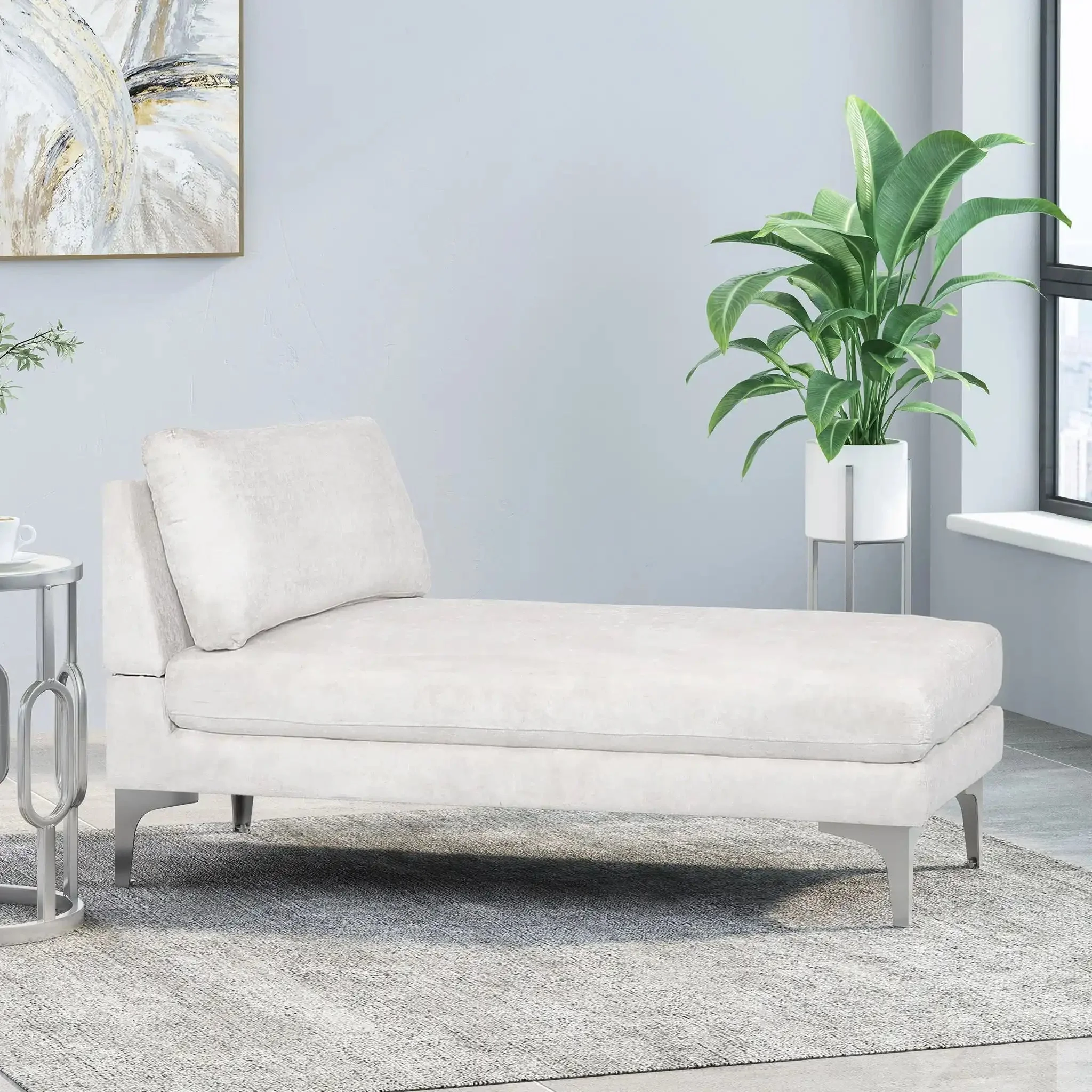 Fabric Upholstered Chaise Lounge With Iron Bracket Legs - Image 6