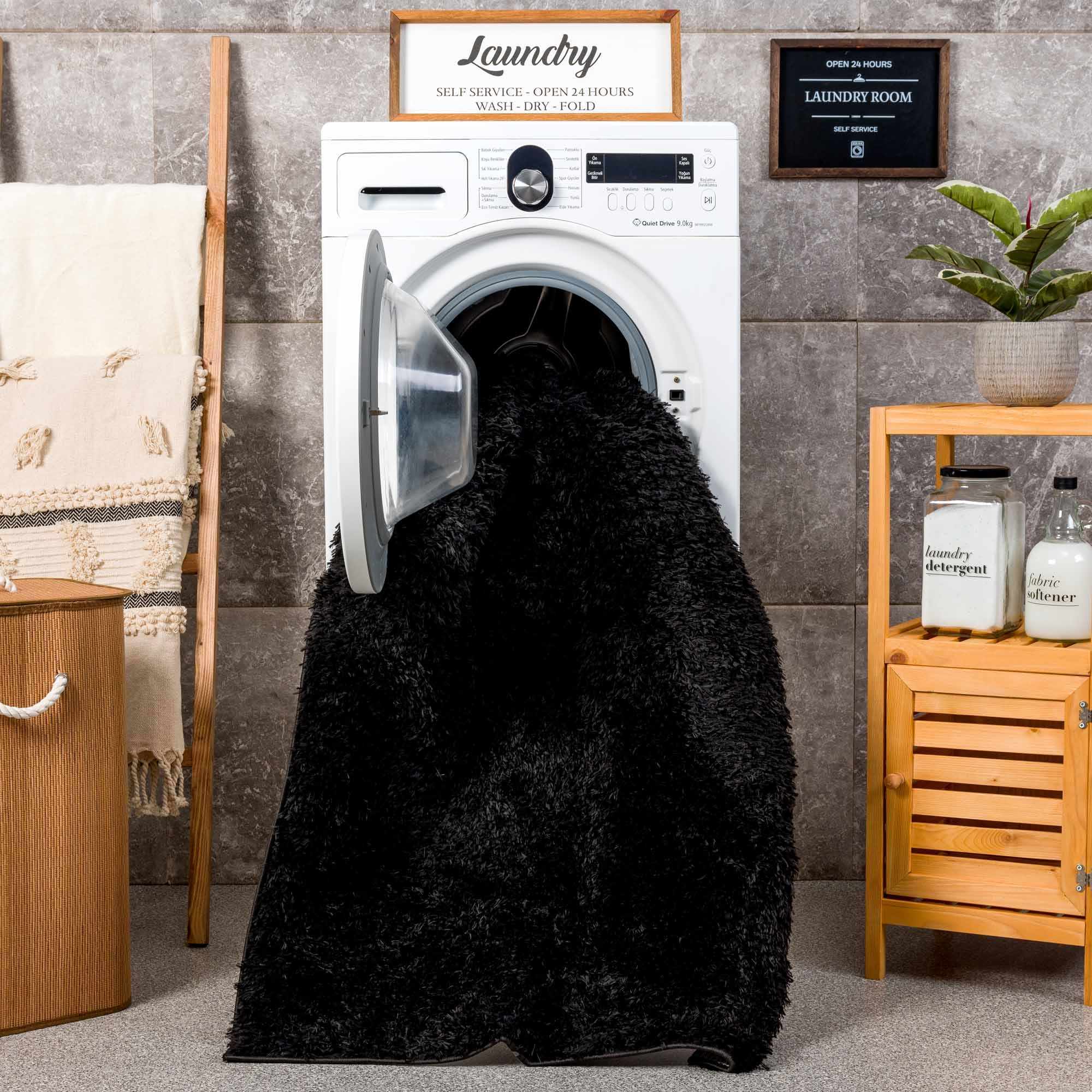 Faina Solid Black Shag Washable Area Rug - Clearance - Image 17