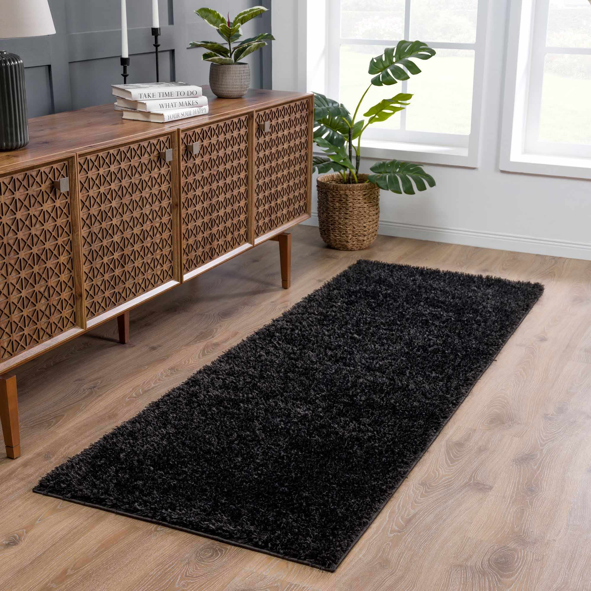 Faina Solid Black Shag Washable Area Rug - Clearance - Image 3