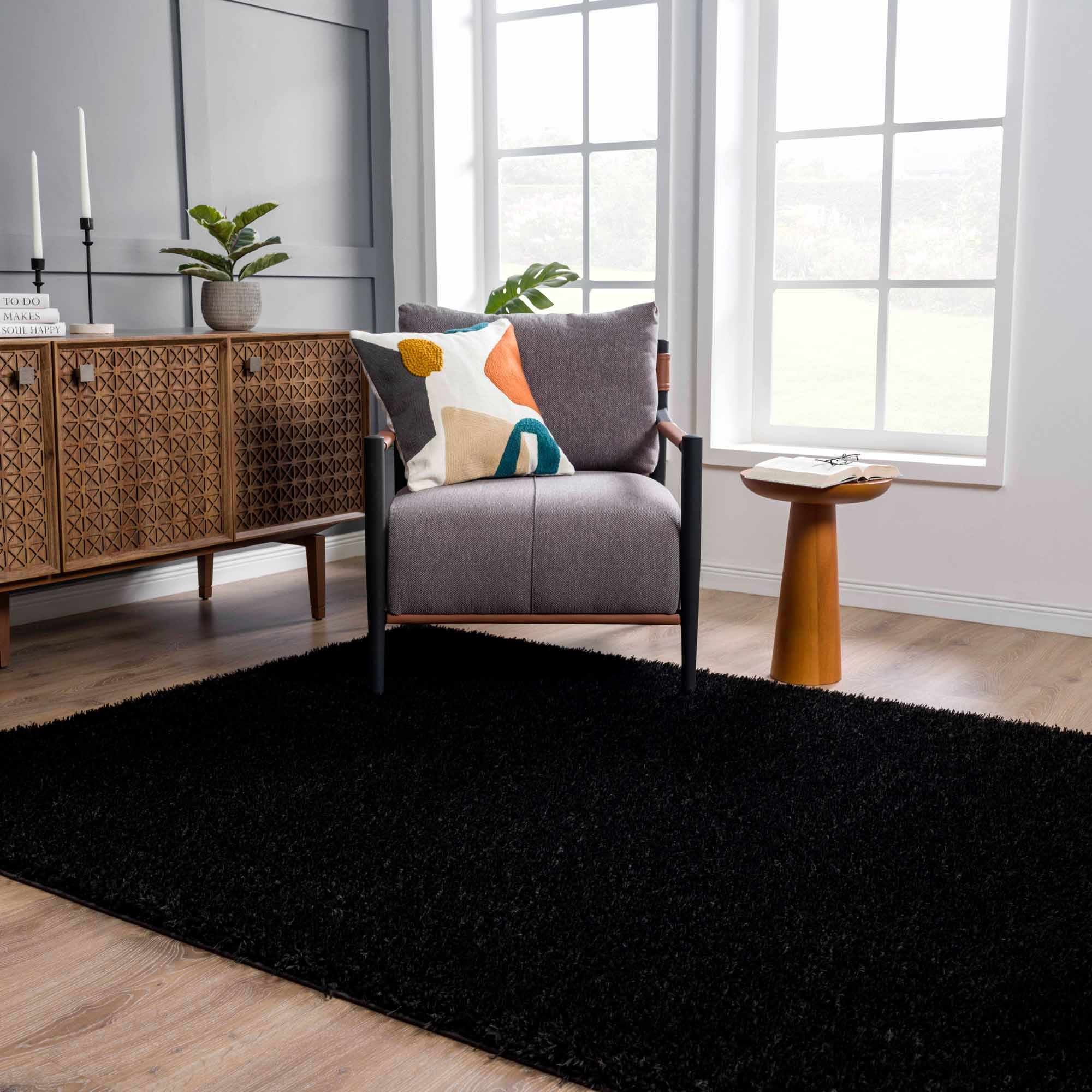 Faina Solid Black Shag Washable Area Rug - Clearance - Image 4
