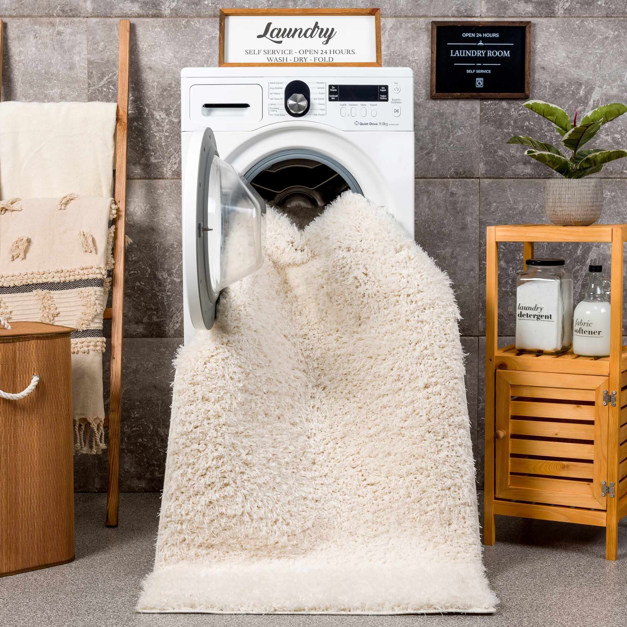 Faina Solid Cream Shag Washable Area Rug - Clearance - Image 14