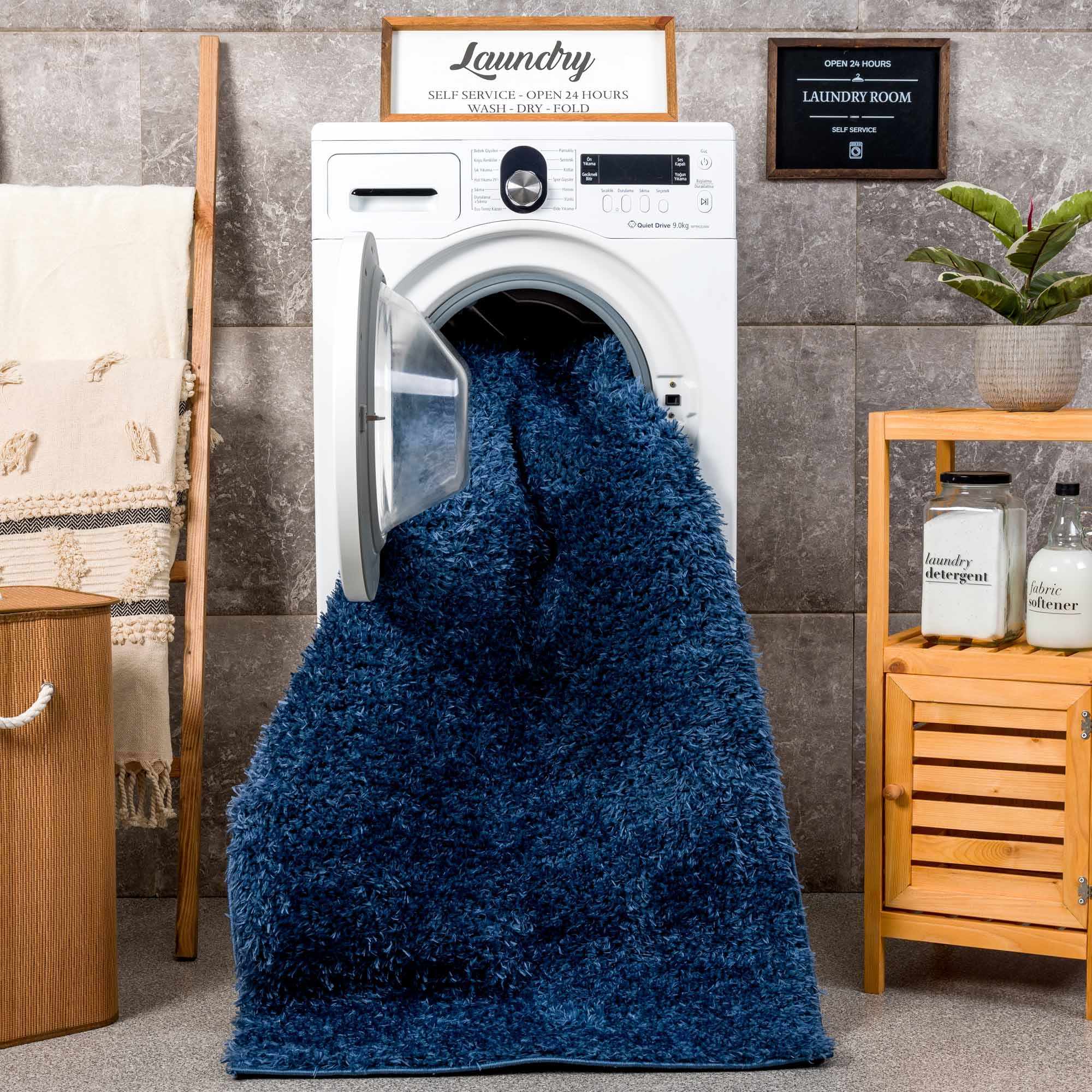 Faina Solid Dark Blue Shag Washable Area Rug - Clearance - Image 13