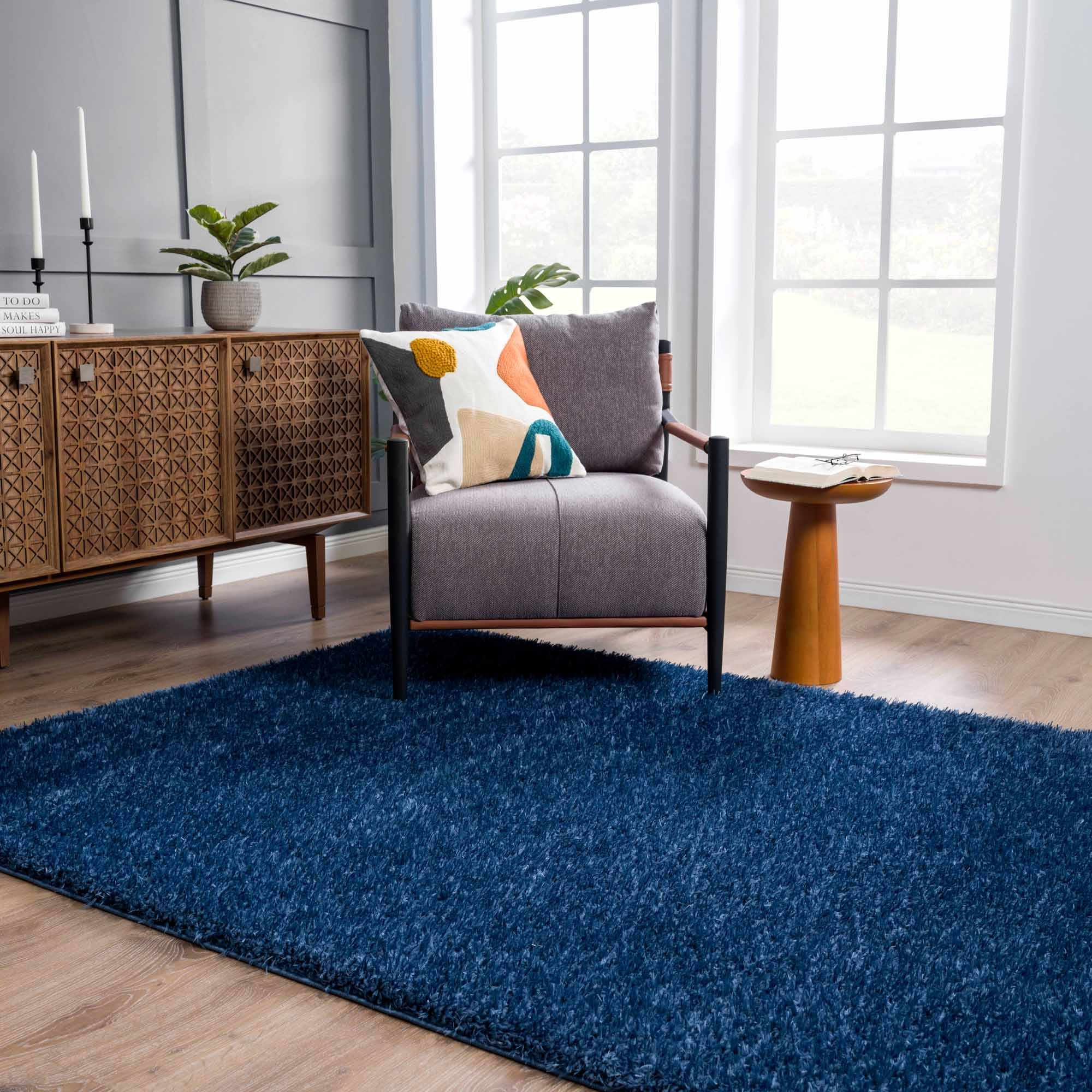 Faina Solid Dark Blue Shag Washable Area Rug - Clearance - Image 2