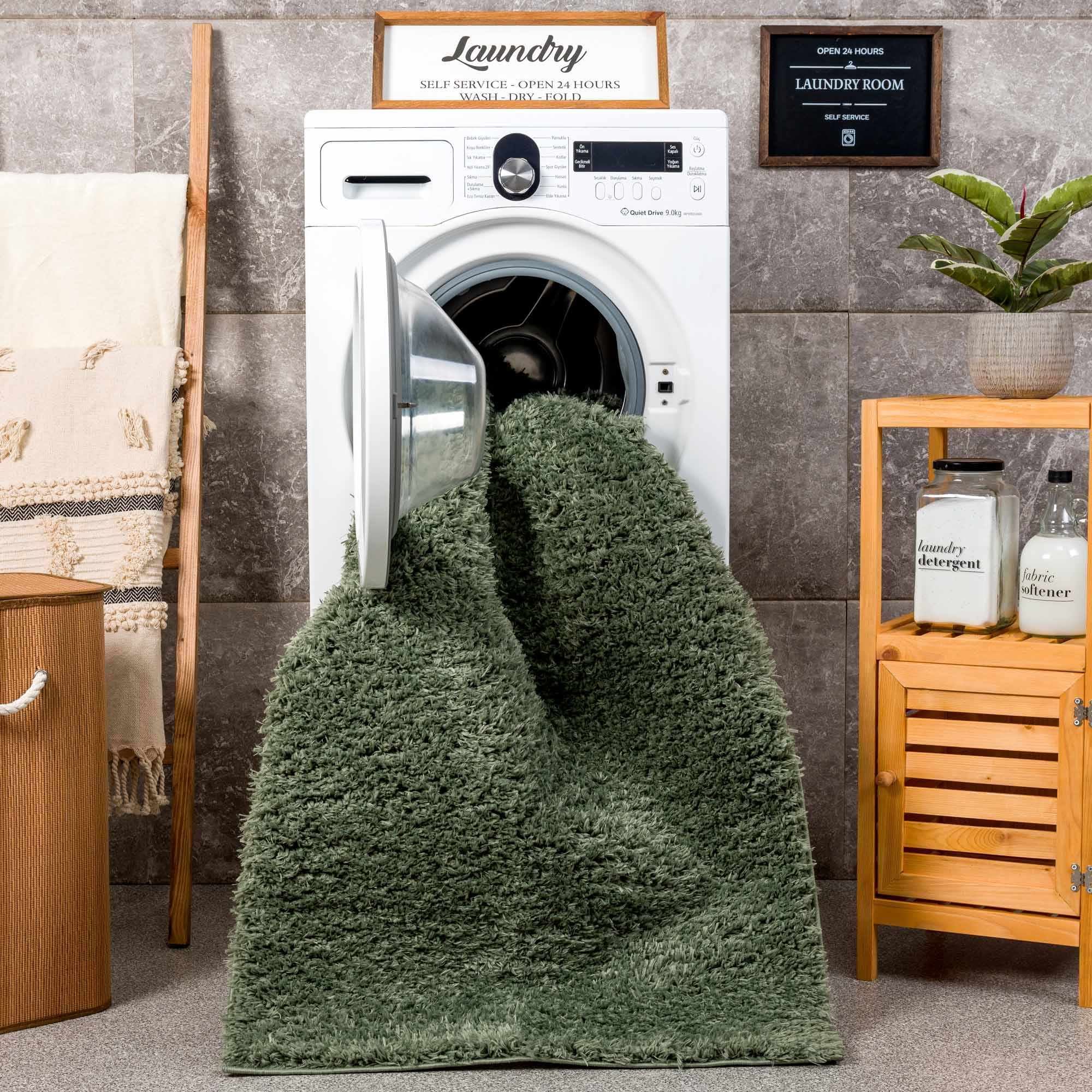 Faina Solid Green Shag Washable Area Rug - Clearance - Image 12