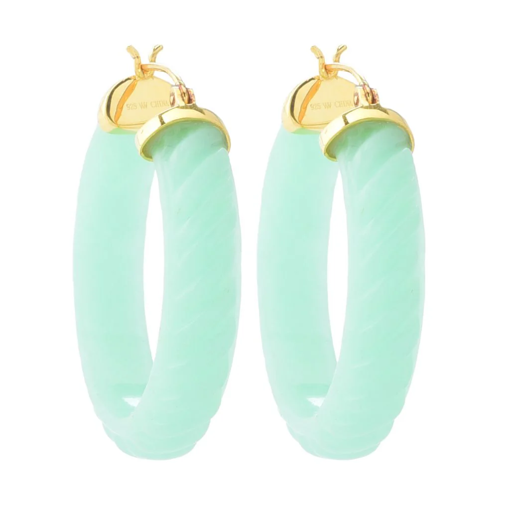 Far East Jewelry 14K Gold Plated 38x8mm Carved Jade 1.5" Hoop Earrings - Image 3