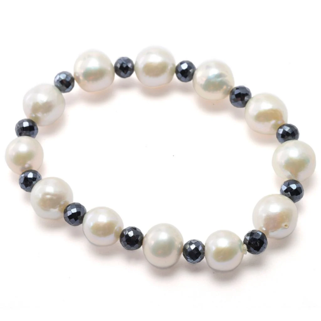 Far East Jewelry Baroque Freshwater Cultured Pearl & Black Spinel Stretch Bracelet - Image 3