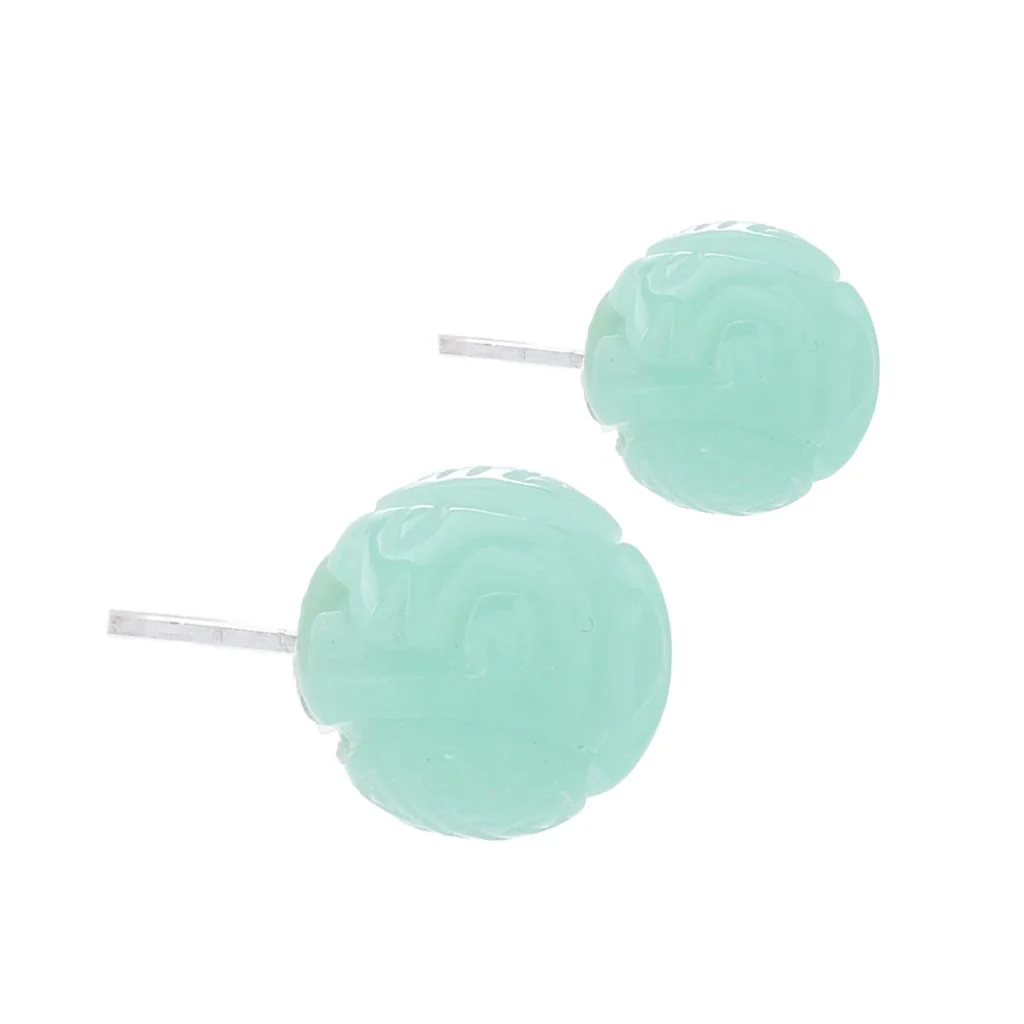 Far East Jewelry Sterling Silver 12mm Carved Dyed Jade Bead Stud Earrings - Image 2