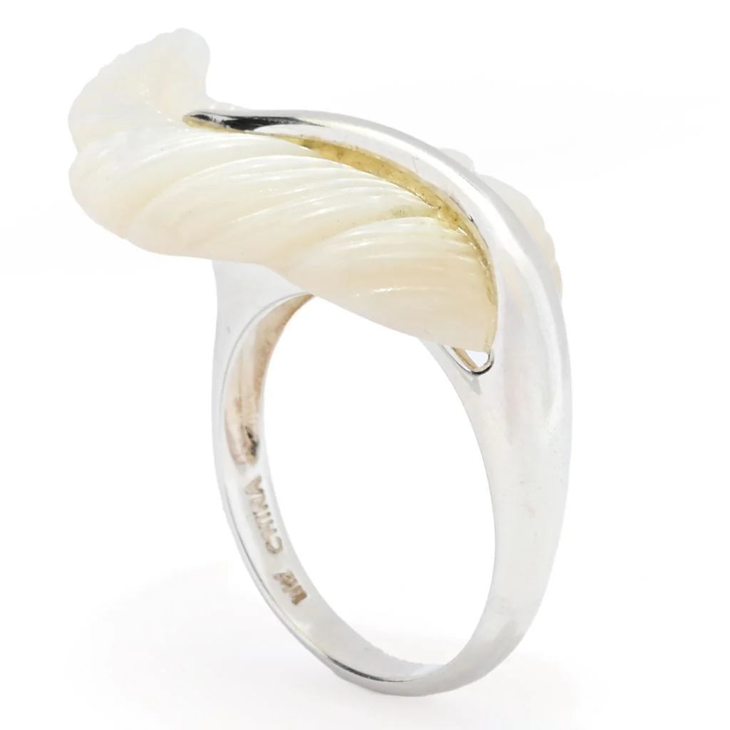 Far East Jewelry Sterling Silver 28x16mm Carved Mother-of-Pearl Feather Ring - Image 2
