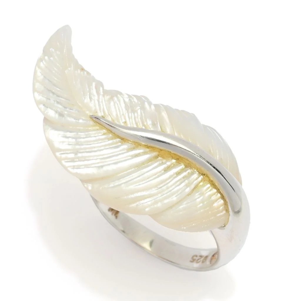 Far East Jewelry Sterling Silver 28x16mm Carved Mother-of-Pearl Feather Ring - Image 4