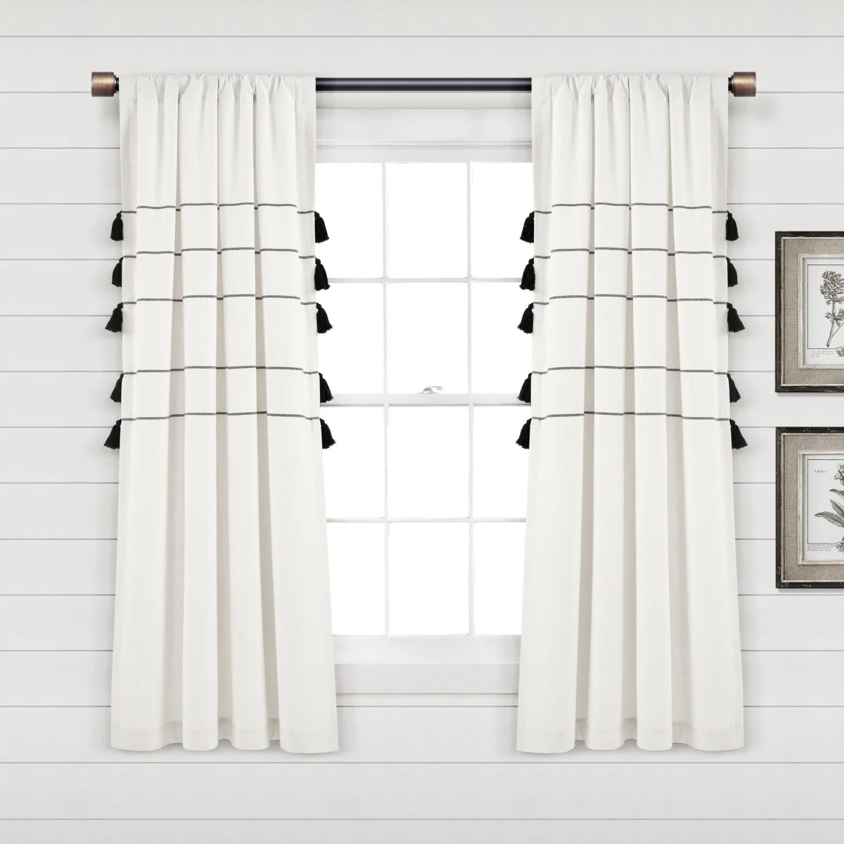 Farmhouse Boho Stripe Woven Tassel Yarn Dyed Recycled Cotton Blend Window Curtain Panel Set - Image 2