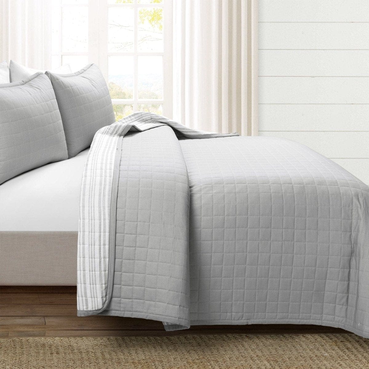 Farmhouse Box Stitch And Stripe Cotton Quilt 3 Piece Set - Image 2