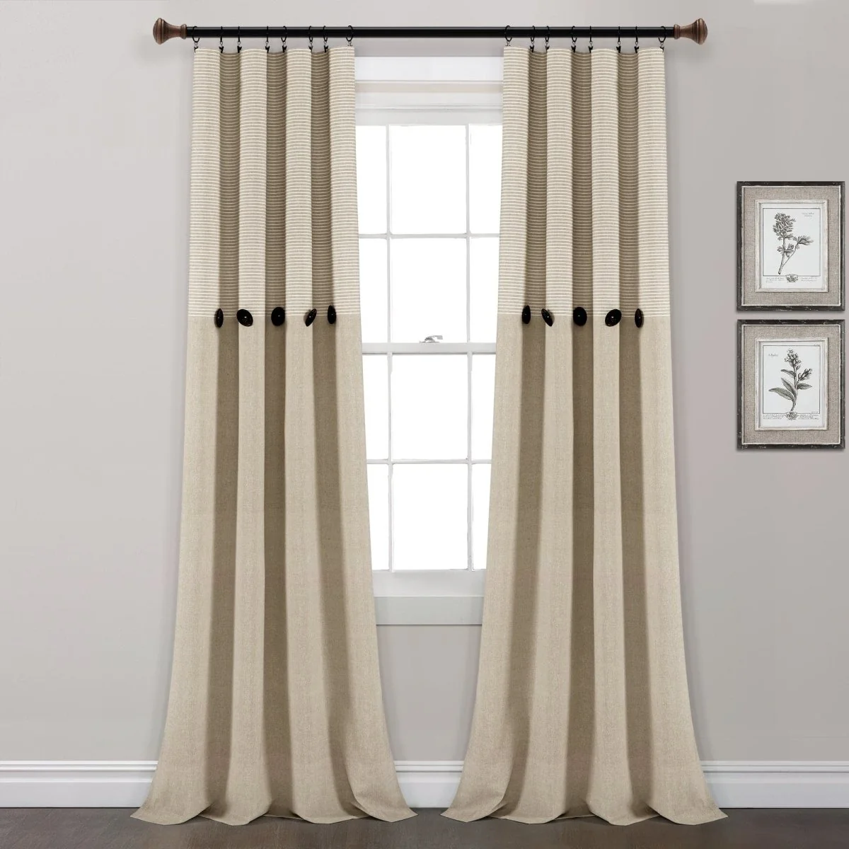 Farmhouse Button Stripe Yarn Dyed Woven Cotton Blend Window Curtain Panel Set - Image 2