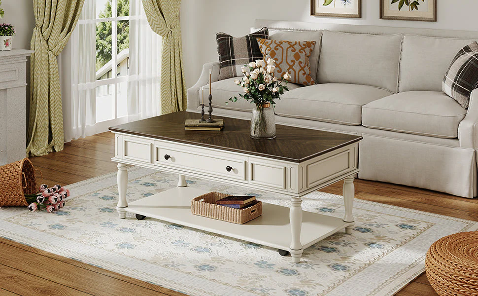 Farmhouse Coffee Table with One Drawer in Grey and White - Image 15