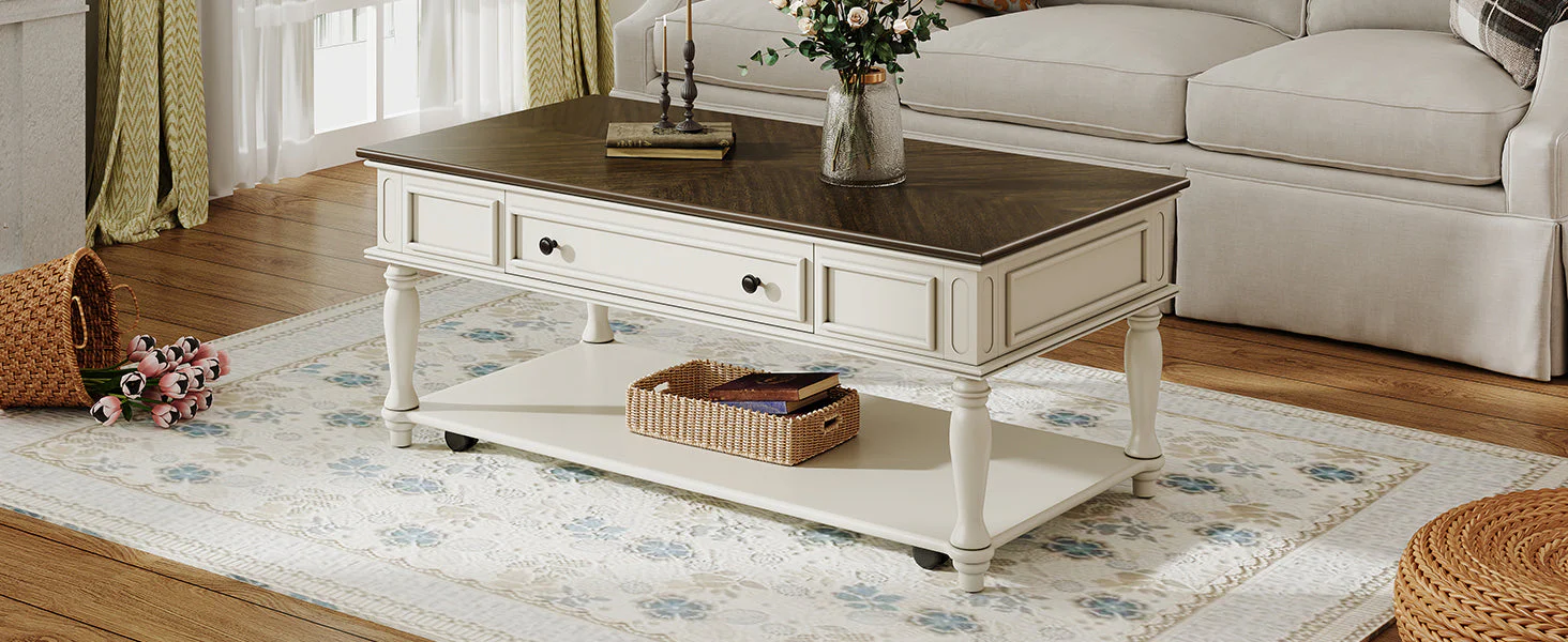 Farmhouse Coffee Table with One Drawer in Grey and White - Image 16