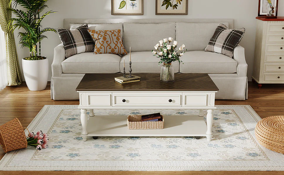 Farmhouse Coffee Table with One Drawer in Grey and White - Image 17
