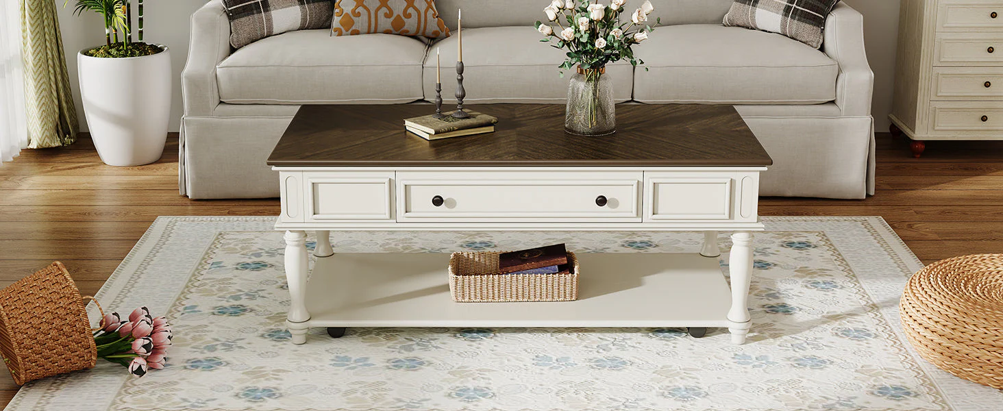 Farmhouse Coffee Table with One Drawer in Grey and White - Image 18