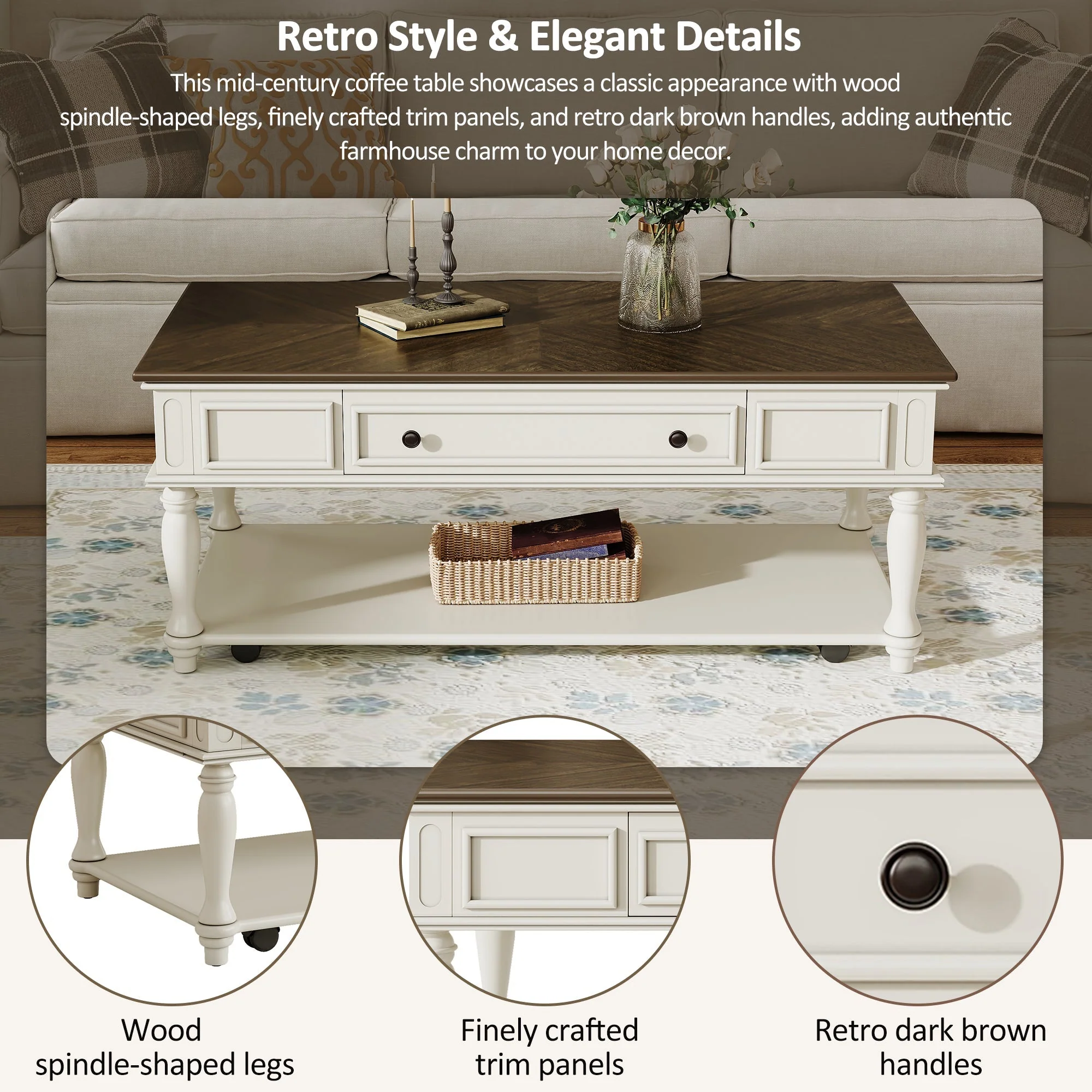 Farmhouse Coffee Table with One Drawer in Grey and White - Image 3