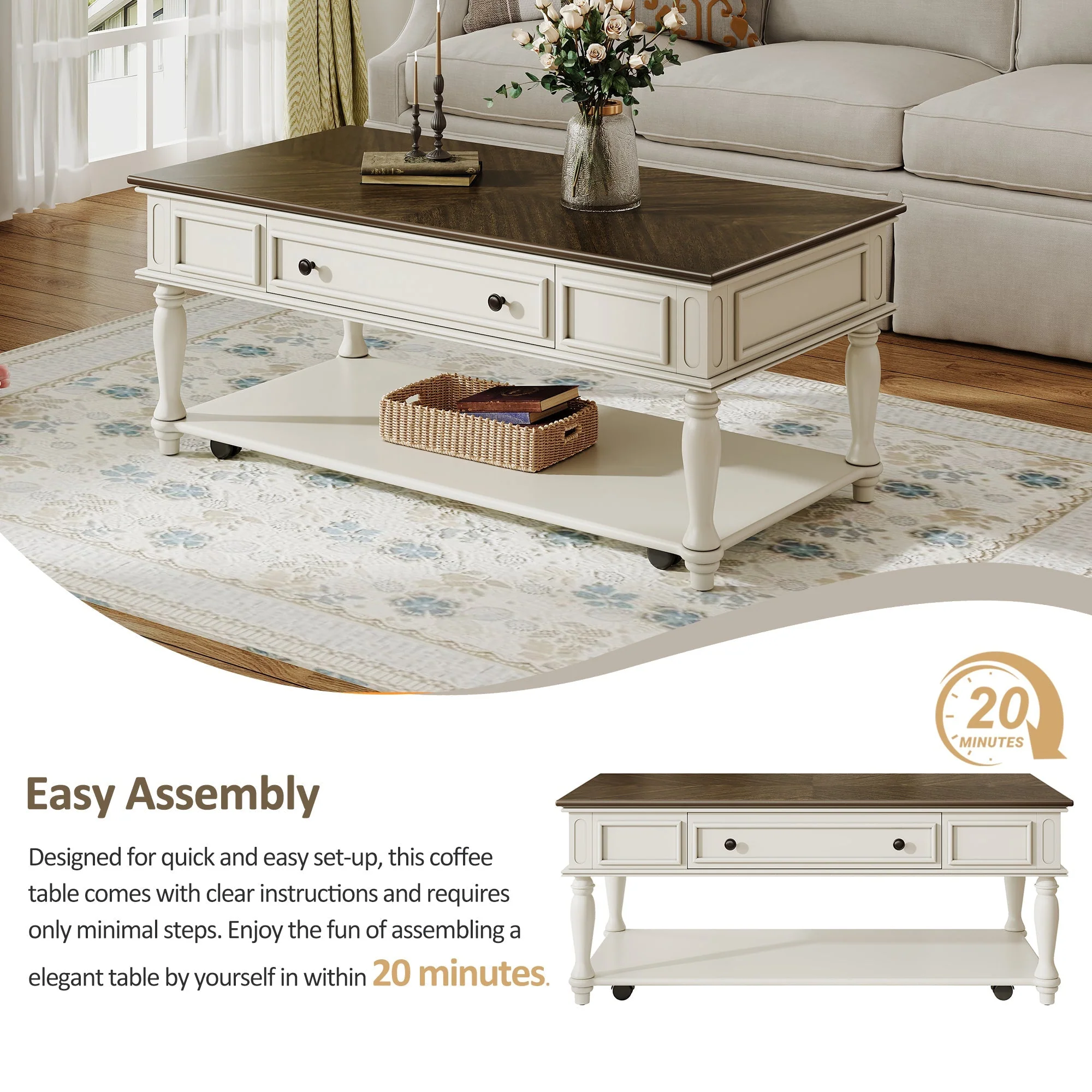 Farmhouse Coffee Table with One Drawer in Grey and White - Image 5