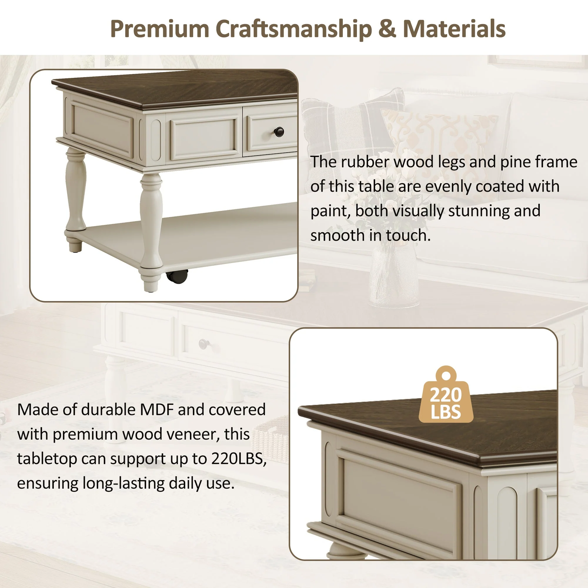 Farmhouse Coffee Table with One Drawer in Grey and White - Image 6