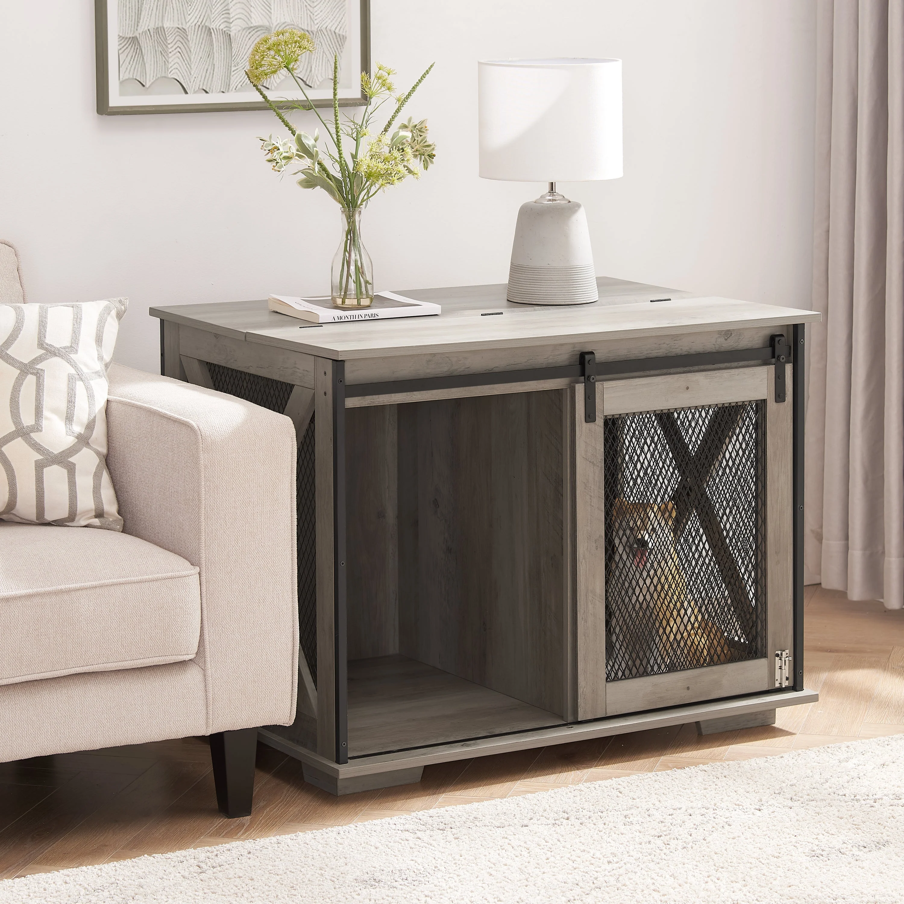 Farmhouse Dog Cage Crate Furniture with Sliding Barn Door - Image 2