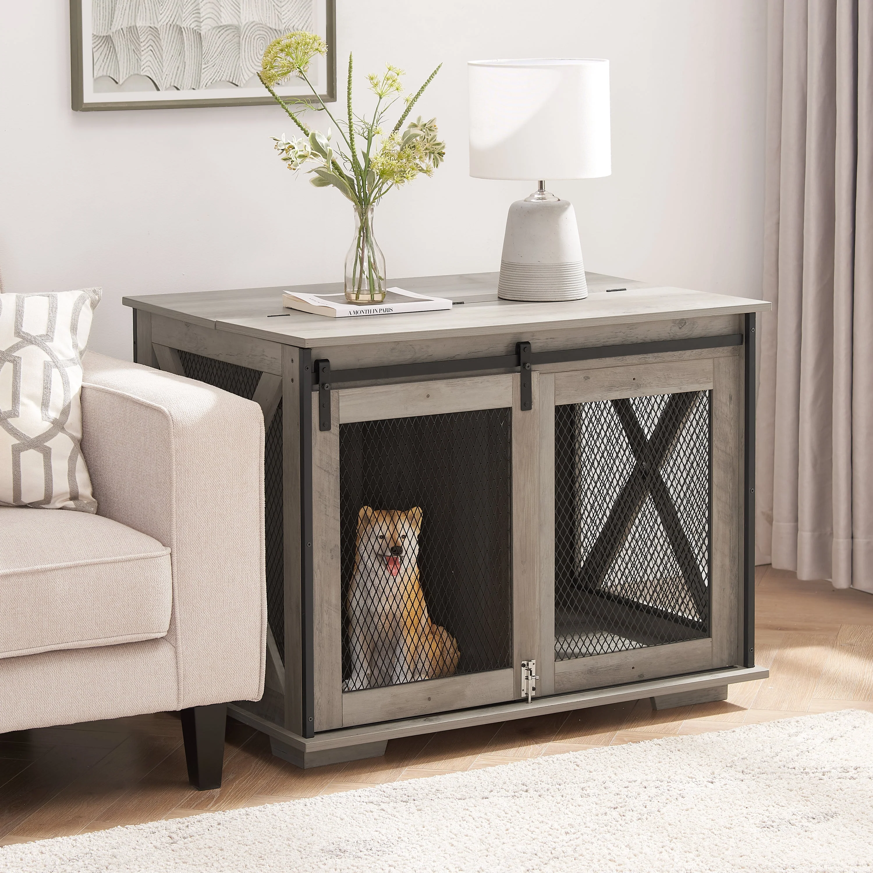 Farmhouse Dog Cage Crate Furniture with Sliding Barn Door - Image 3